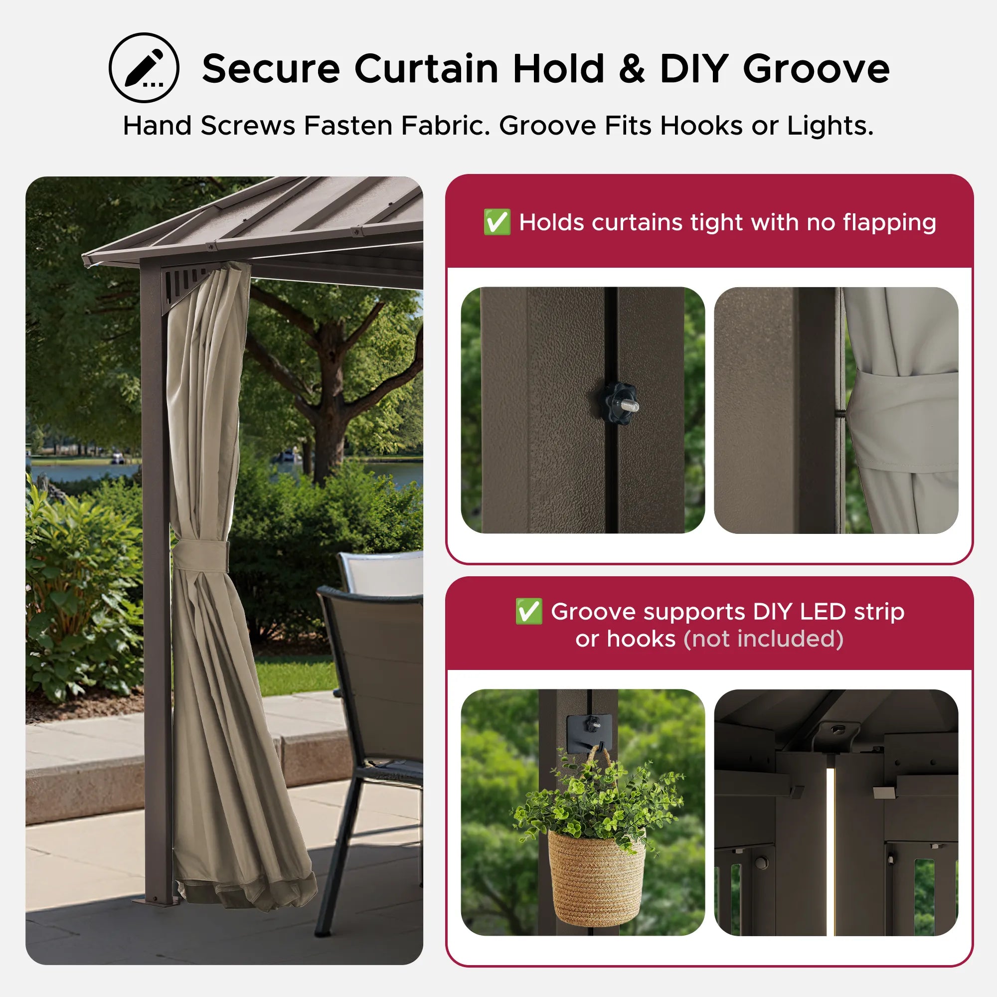 SUNJOY Kingston 10x10 Gazebo with Netting & Curtain | Steel Roof with Extra-Tall & Oversized PC Vent Top - Brown Aluminum Posts