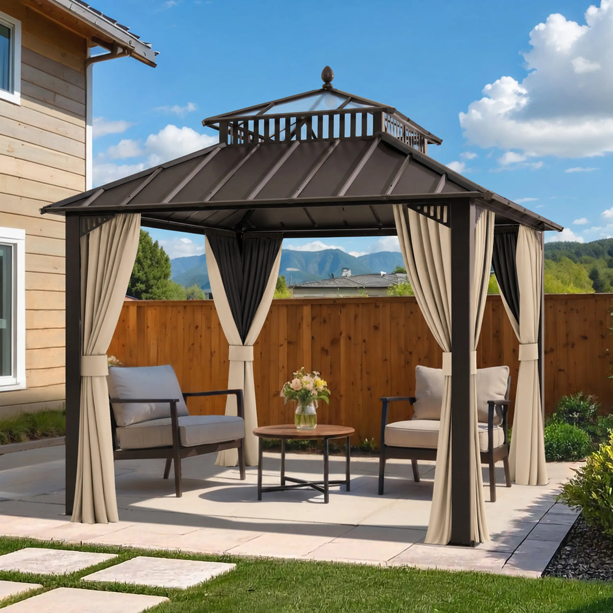 SUNJOY Kingston 10x10 Gazebo with Netting & Curtain | Steel Roof with Extra-Tall & Oversized PC Vent Top - Brown Aluminum Posts