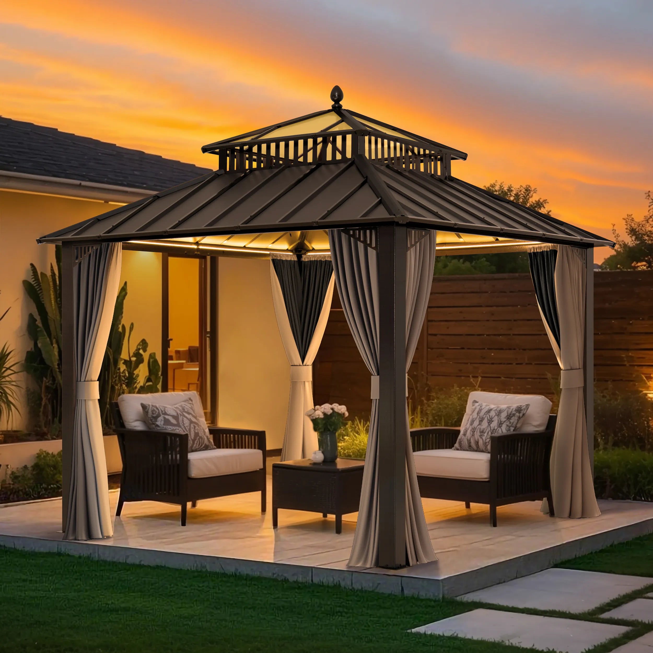 SUNJOY Kingston 10x10 Gazebo with Netting & Curtain | Steel Roof with Extra-Tall & Oversized PC Vent Top - Brown Aluminum Posts