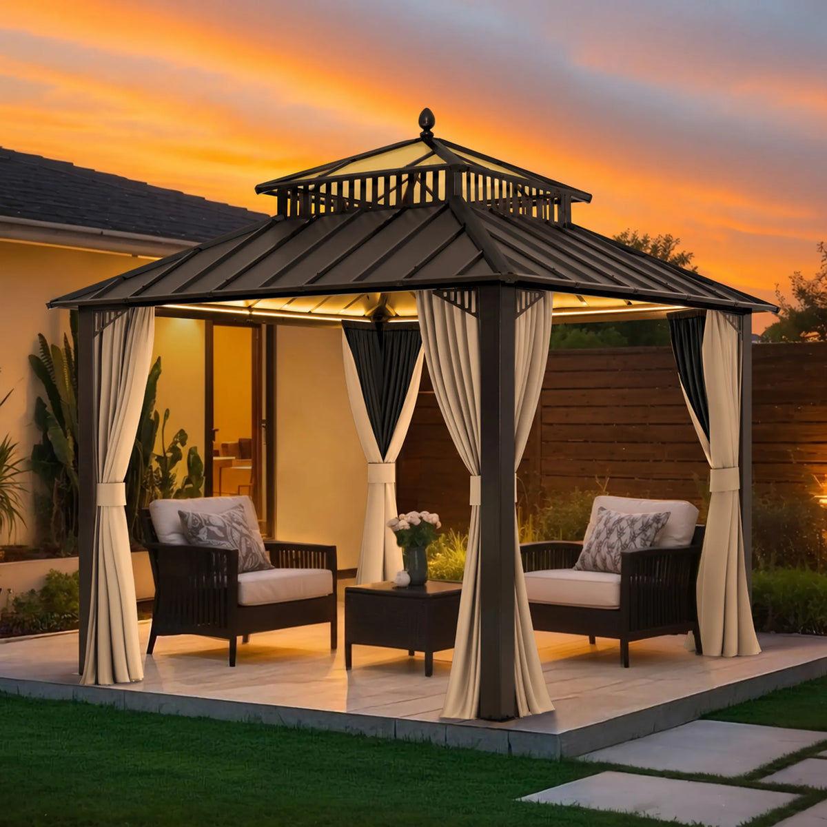 SUNJOY Kingston 10x10 Gazebo with Netting & Curtain | Steel Roof with Extra-Tall & Oversized PC Vent Top - Brown Aluminum Posts