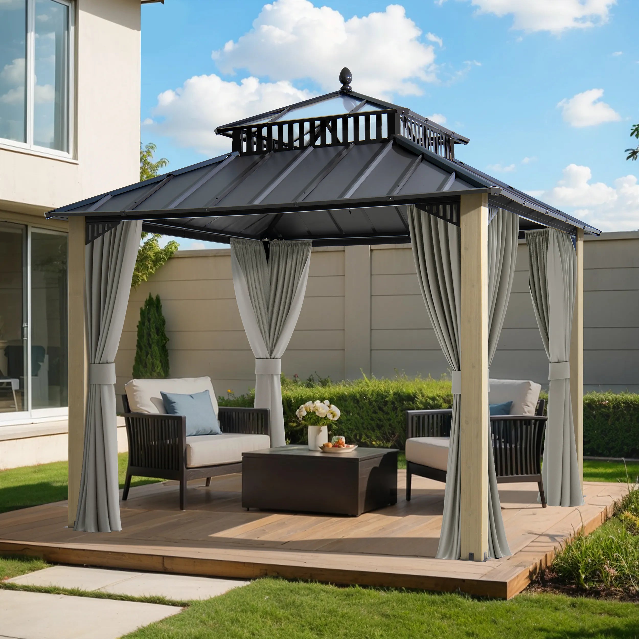 SUNJOY Kingston 10x10 Gazebo with Netting & Curtain | Steel Roof with Extra-Tall & Oversized PC Vent Top - Cedar Wood Posts