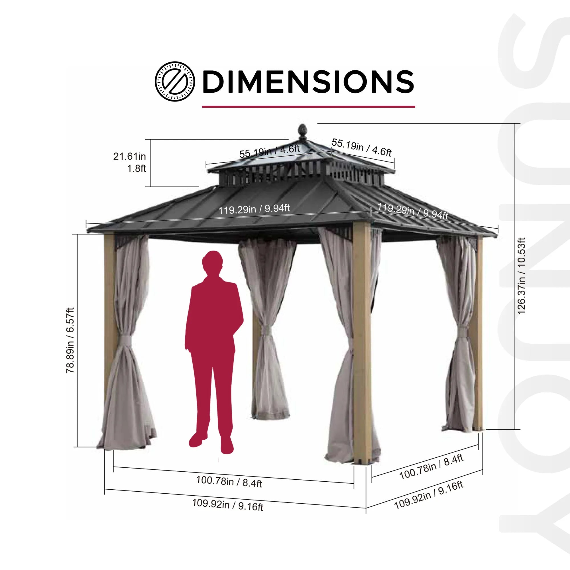 SUNJOY Kingston 10x10 Gazebo with Netting & Curtain | Steel Roof with Extra-Tall & Oversized PC Vent Top - Cedar Wood Posts