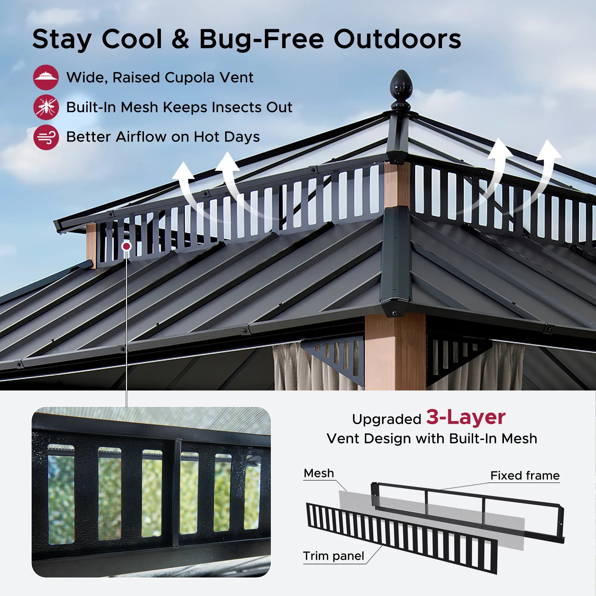 SUNJOY Kingston 12x12 Gazebo with Netting & Curtain | Steel & PC Roof - Woodgrain Aluminum Posts