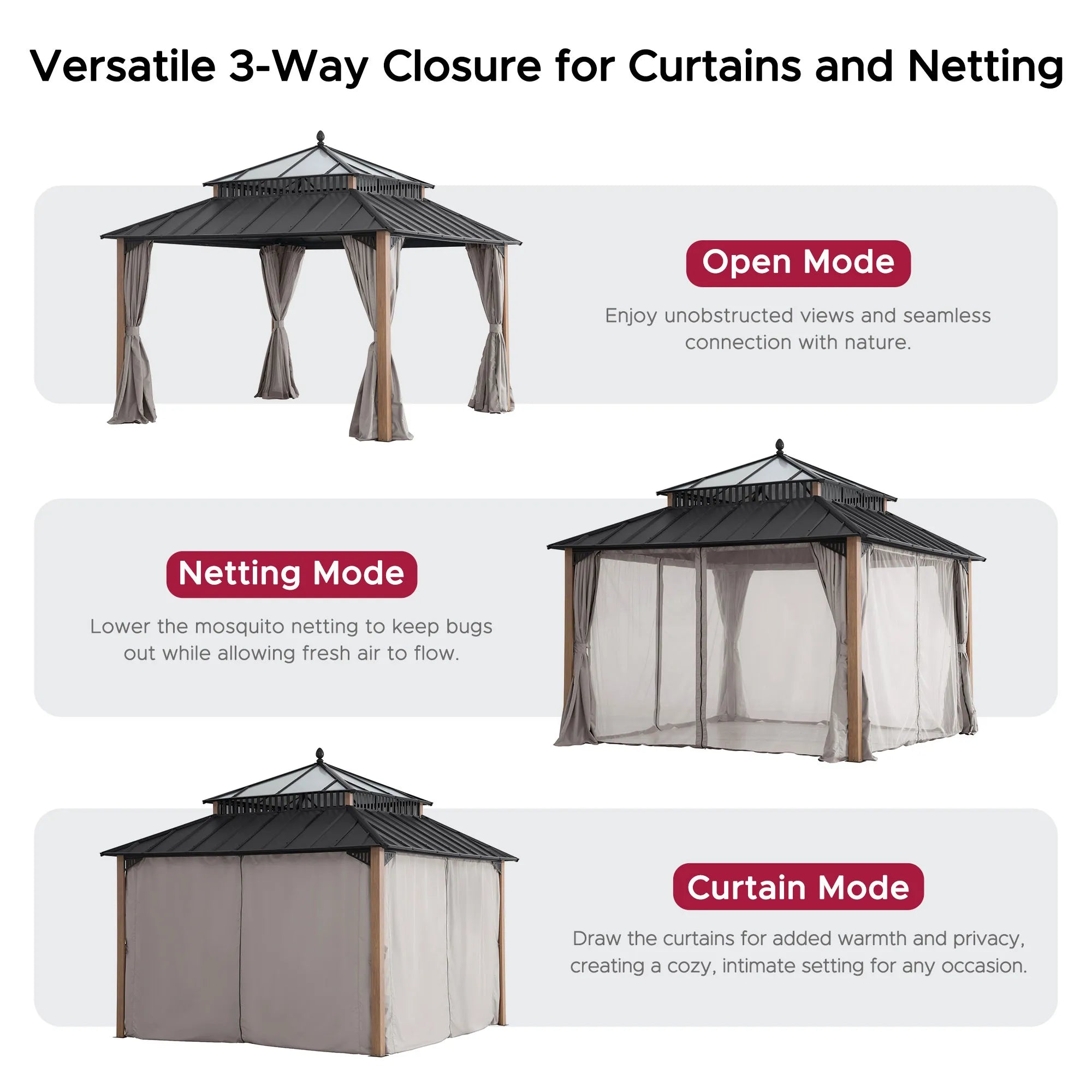 SUNJOY Kingston 12x12 Gazebo with Netting & Curtain | Steel & PC Roof - Woodgrain Aluminum Posts