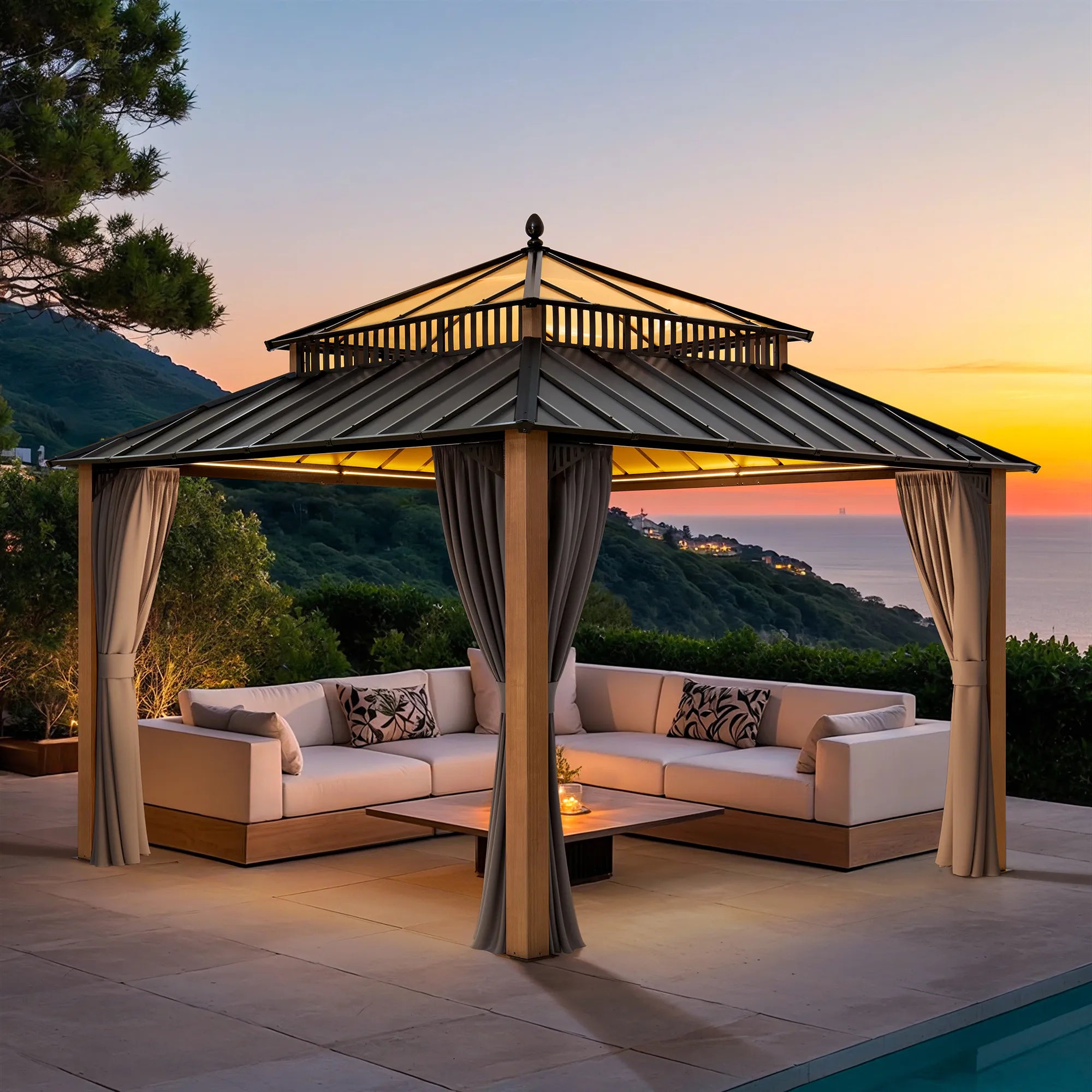 SUNJOY Kingston 12x12 Gazebo with Netting & Curtain | Steel & PC Roof - Woodgrain Aluminum Posts