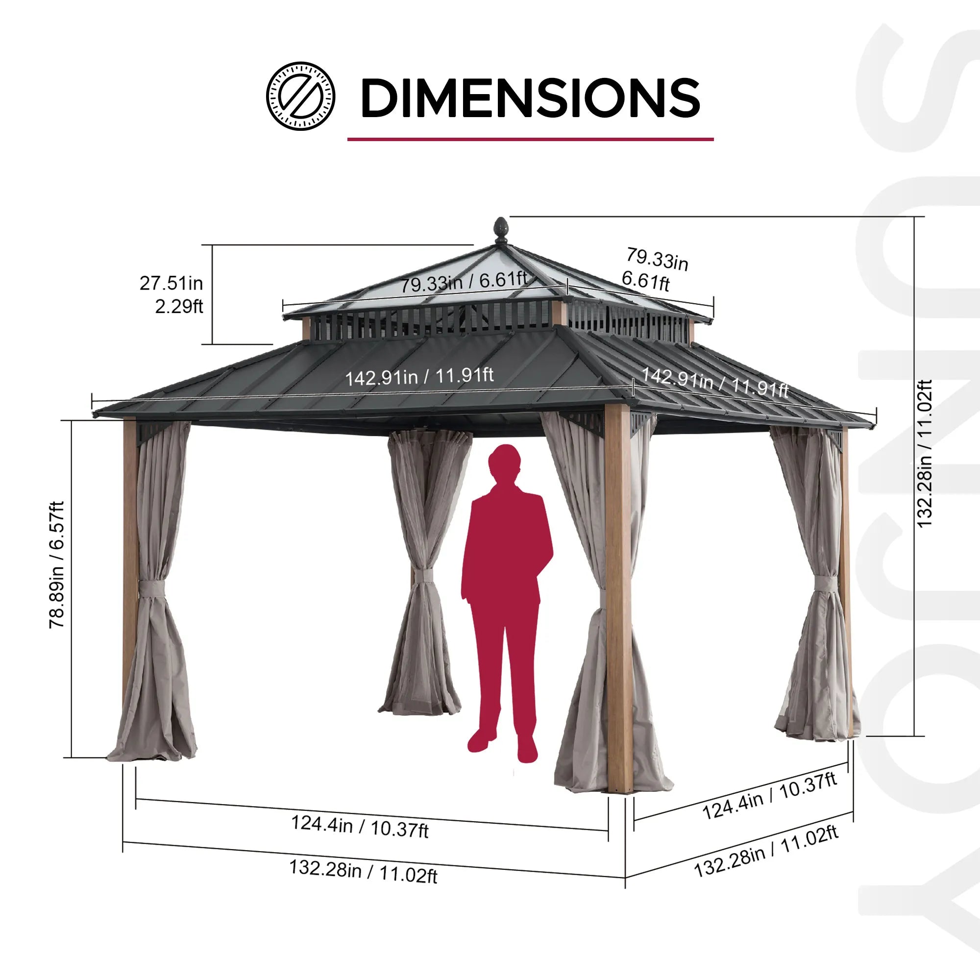 SUNJOY Kingston 12x12 Gazebo with Netting & Curtain | Steel & PC Roof - Woodgrain Aluminum Posts