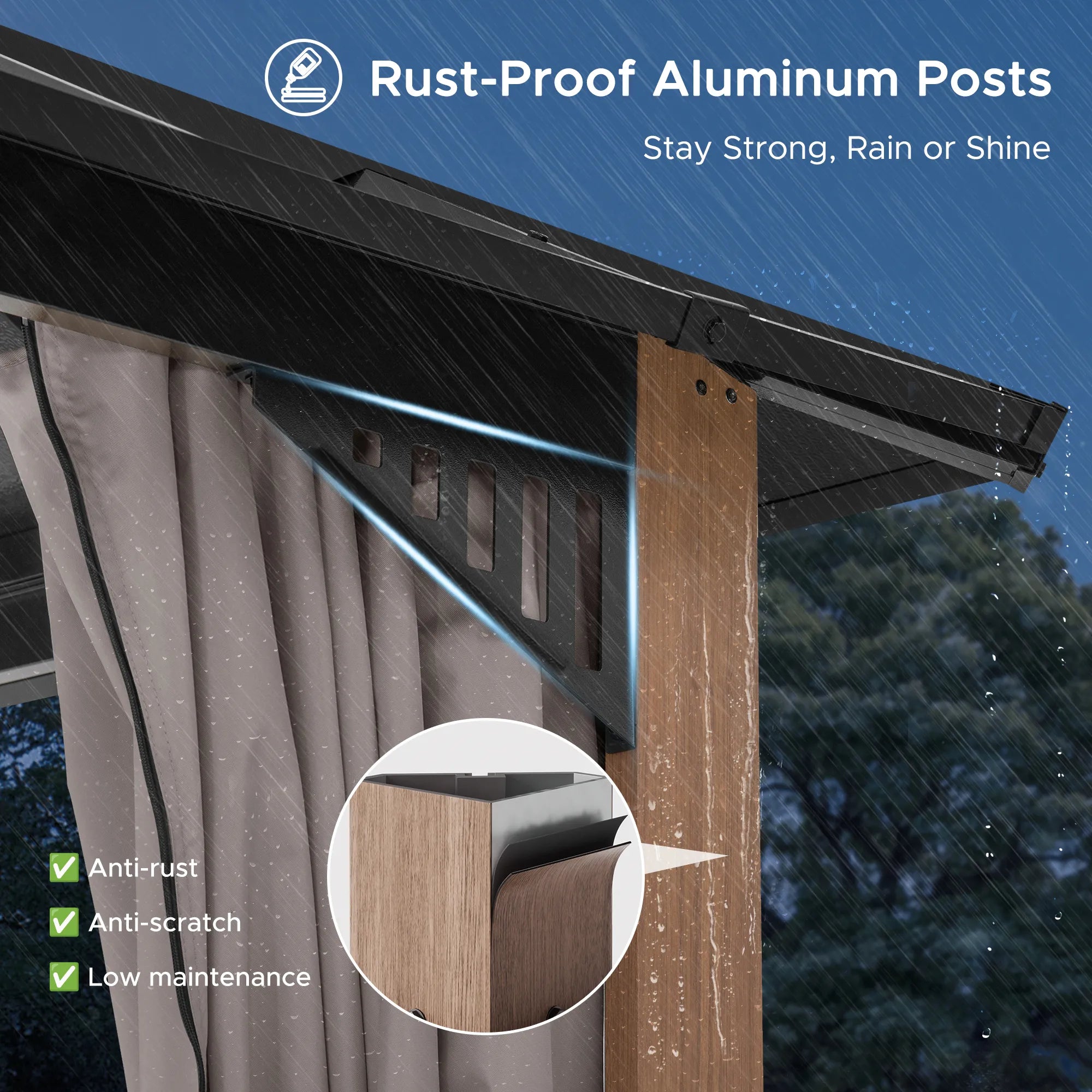 SUNJOY Kingston 12x12 Gazebo with Netting & Curtain | Steel & PC Roof - Woodgrain Aluminum Posts