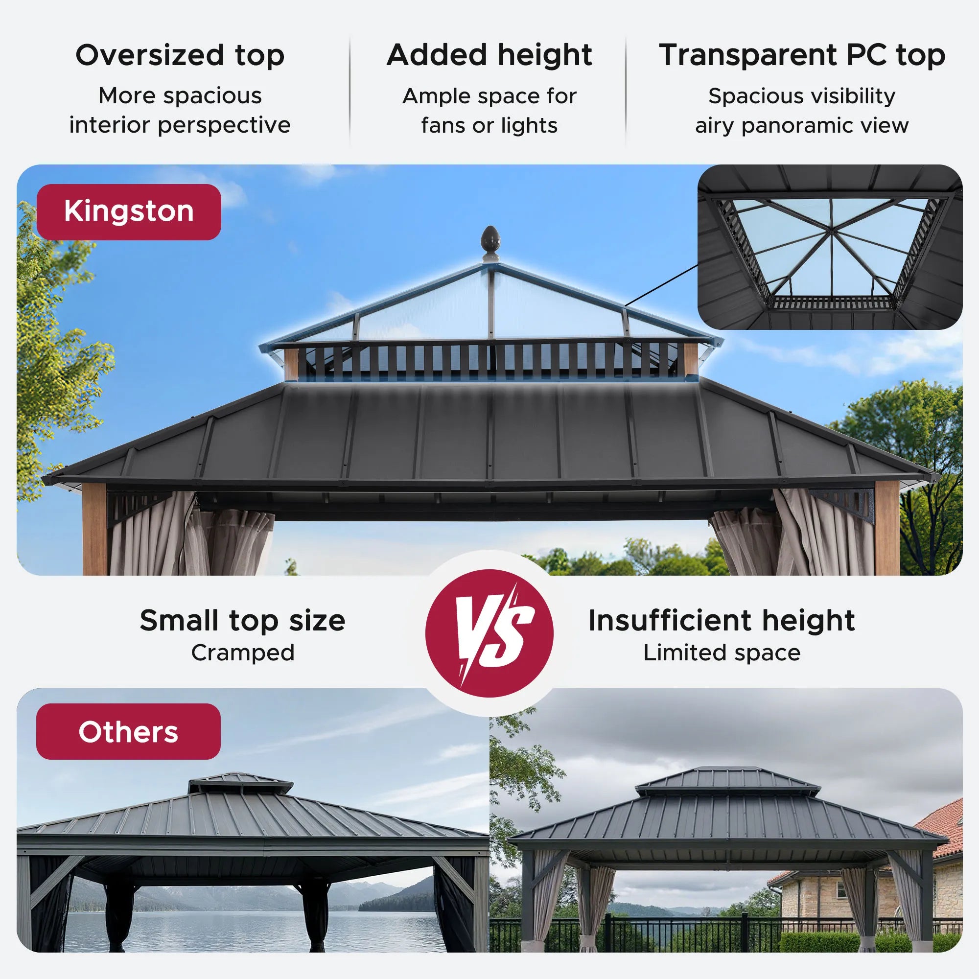 SUNJOY Kingston 12x12 Gazebo with Netting & Curtain | Steel & PC Roof - Woodgrain Aluminum Posts