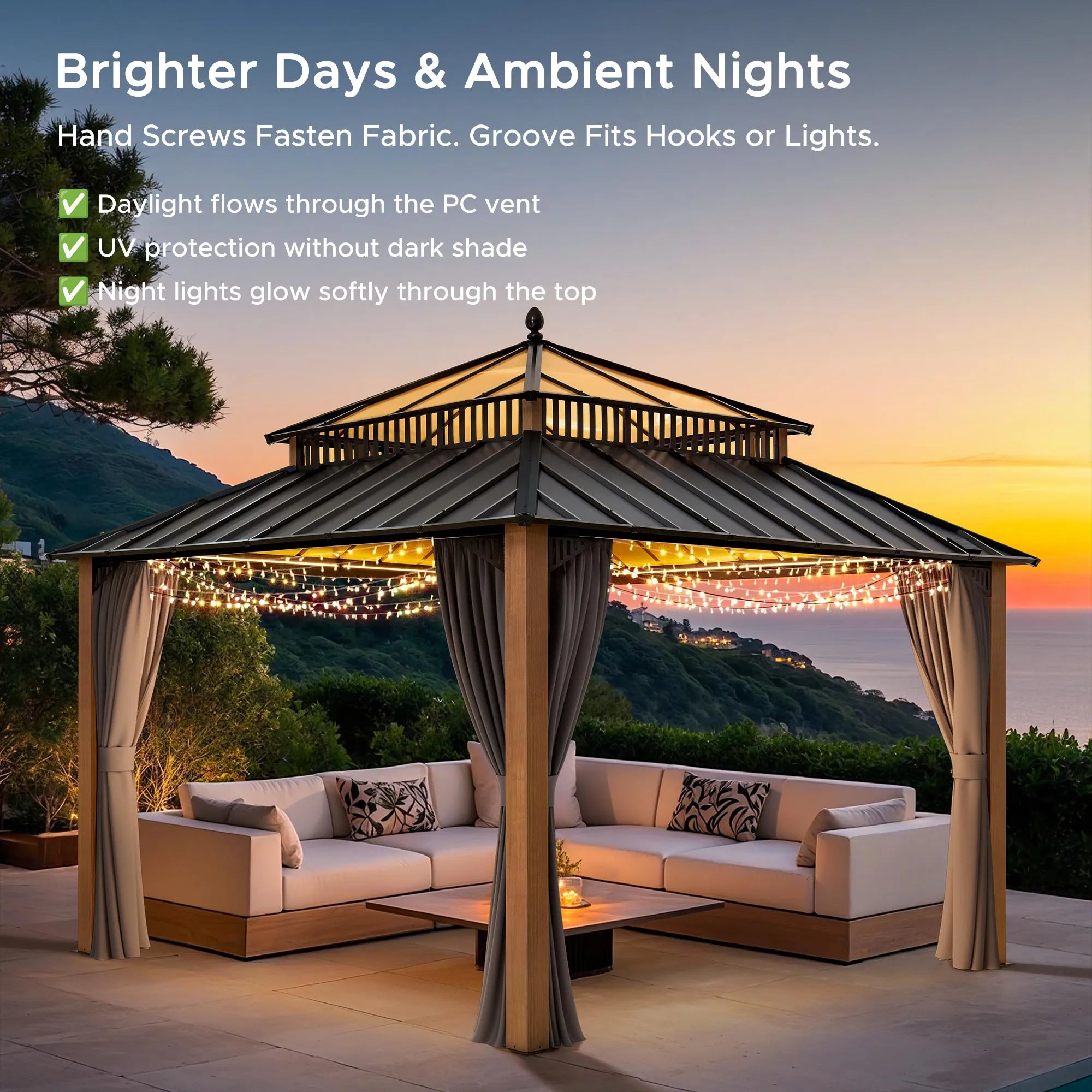 SUNJOY Kingston 12x12 Gazebo with Netting & Curtain | Steel & PC Roof - Woodgrain Aluminum Posts