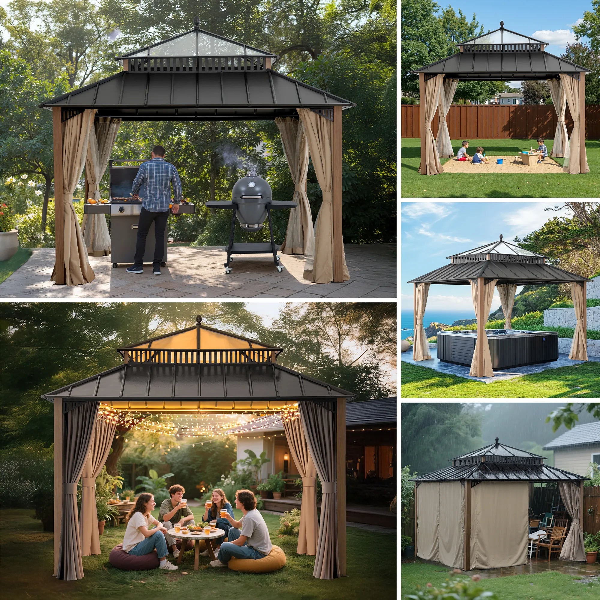 SUNJOY Kingston 12x12 Gazebo with Netting & Curtain | Steel & PC Roof - Woodgrain Aluminum Posts
