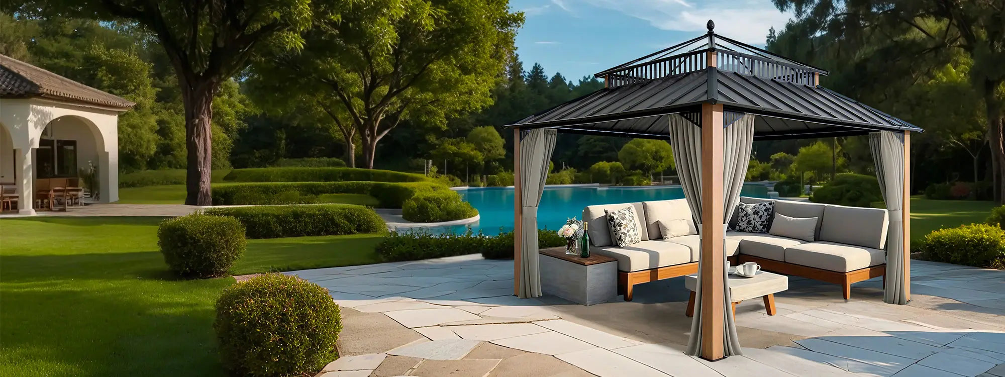 SUNJOY Kingston 12x12 Gazebo with Netting & Curtain | Steel Roof with Extra-Tall & Oversized PC Vent Top - Woodgrain Aluminum Posts