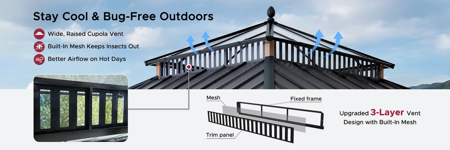 SUNJOY Kingston 12x12 Gazebo with Netting & Curtain | Steel Roof with Extra-Tall & Oversized PC Vent Top - Woodgrain Aluminum Posts