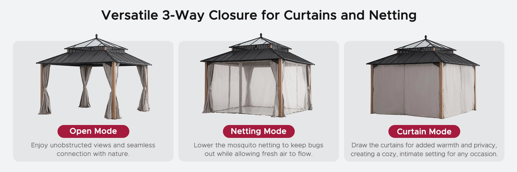 SUNJOY Kingston 12x12 Gazebo with Netting & Curtain | Steel Roof with Extra-Tall & Oversized PC Vent Top - Woodgrain Aluminum Posts