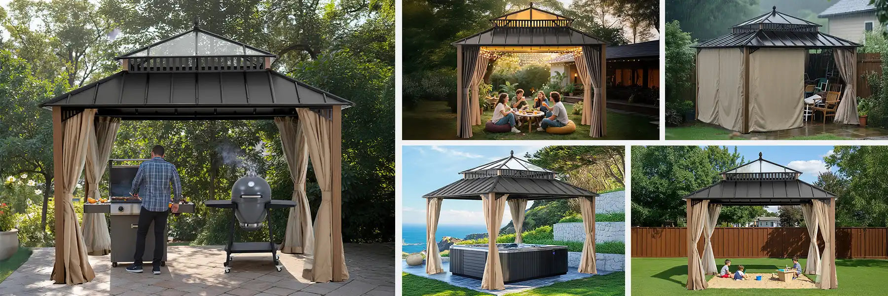 SUNJOY Kingston 12x12 Gazebo with Netting & Curtain | Steel Roof with Extra-Tall & Oversized PC Vent Top - Woodgrain Aluminum Posts