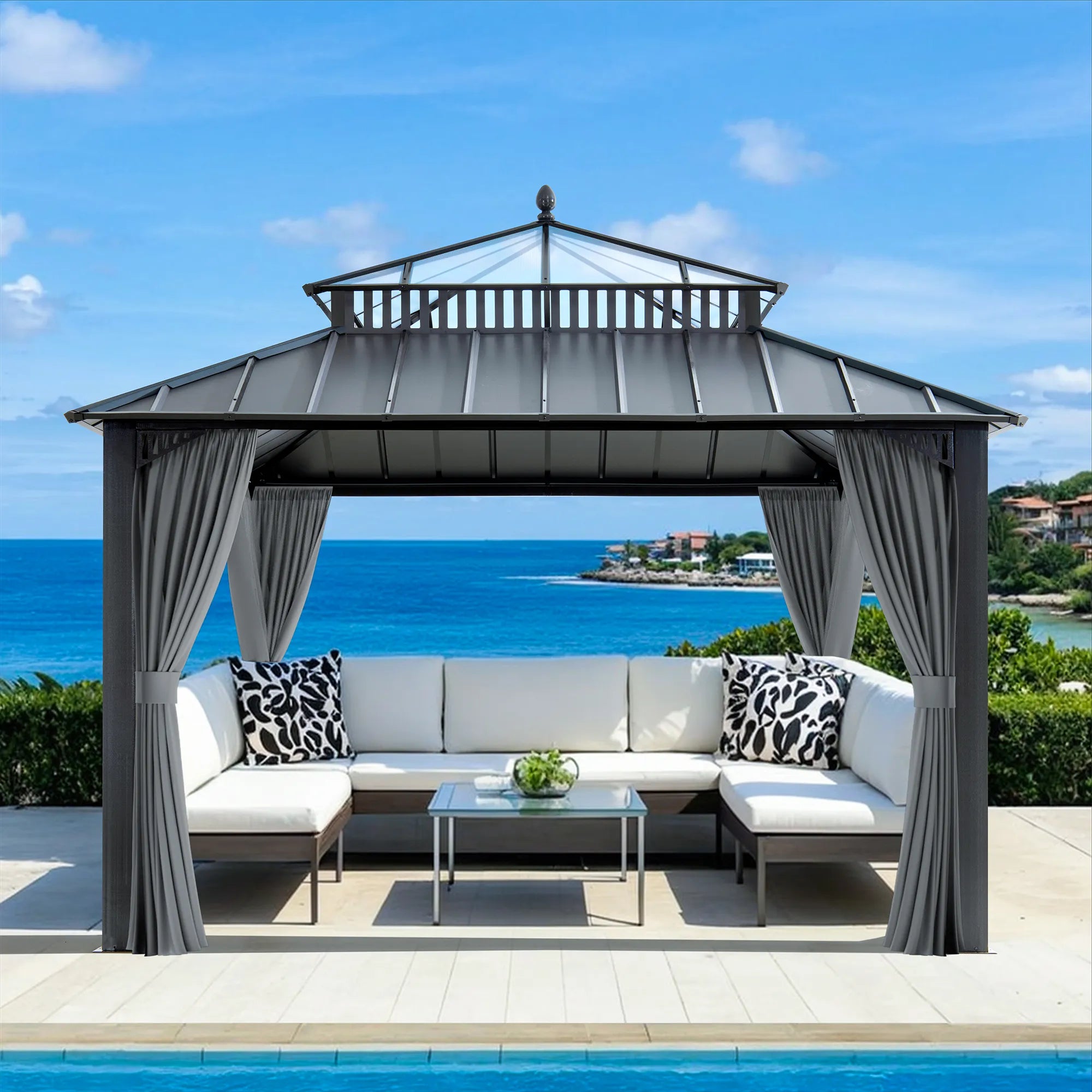 SUNJOY Kingston 12x12 Gazebo with Netting & Curtain | Steel Roof with Extra-Tall & Oversized PC Vent Top - Gray Aluminum Posts