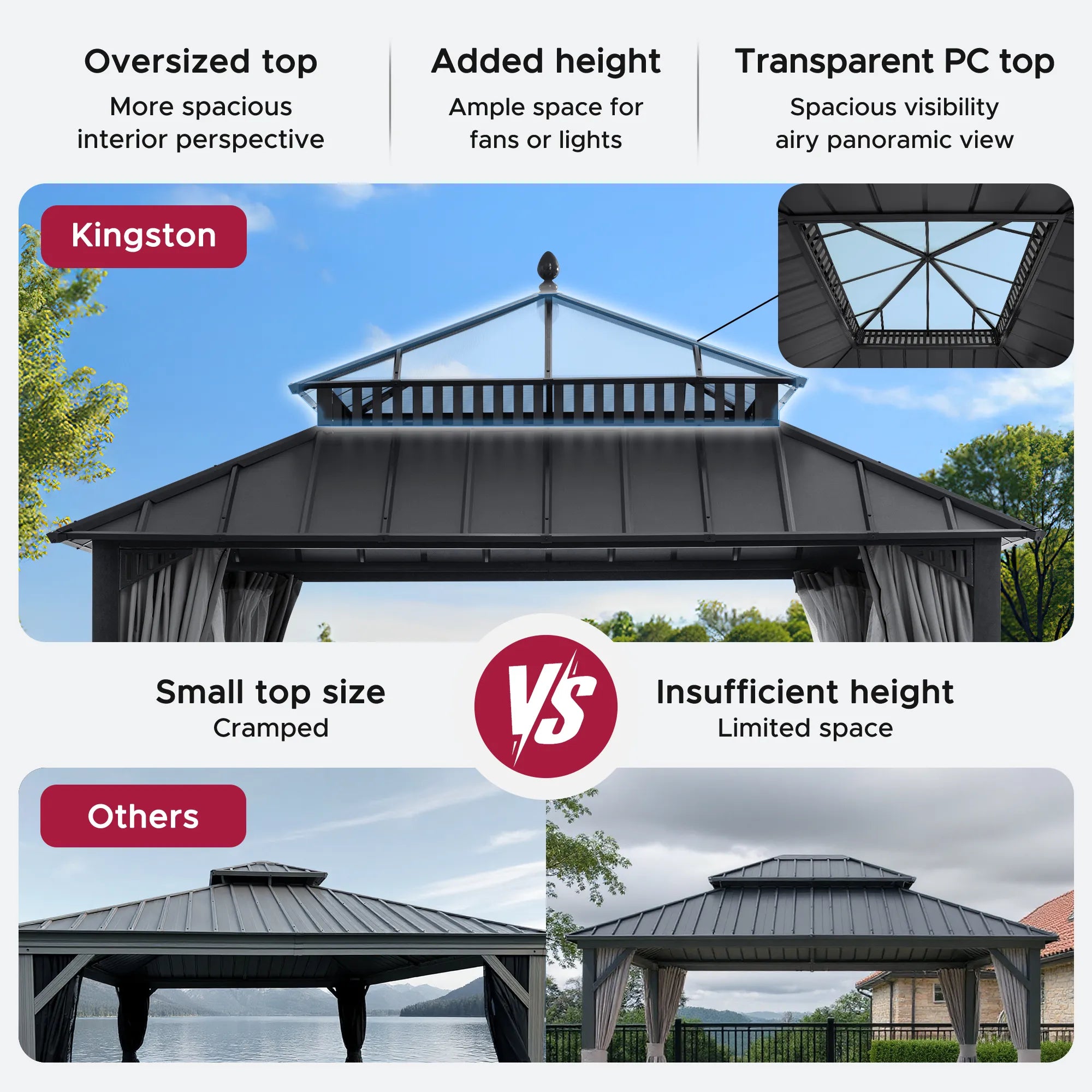 SUNJOY Kingston 12x12 Gazebo with Netting & Curtain | Steel Roof with Extra-Tall & Oversized PC Vent Top - Gray Aluminum Posts