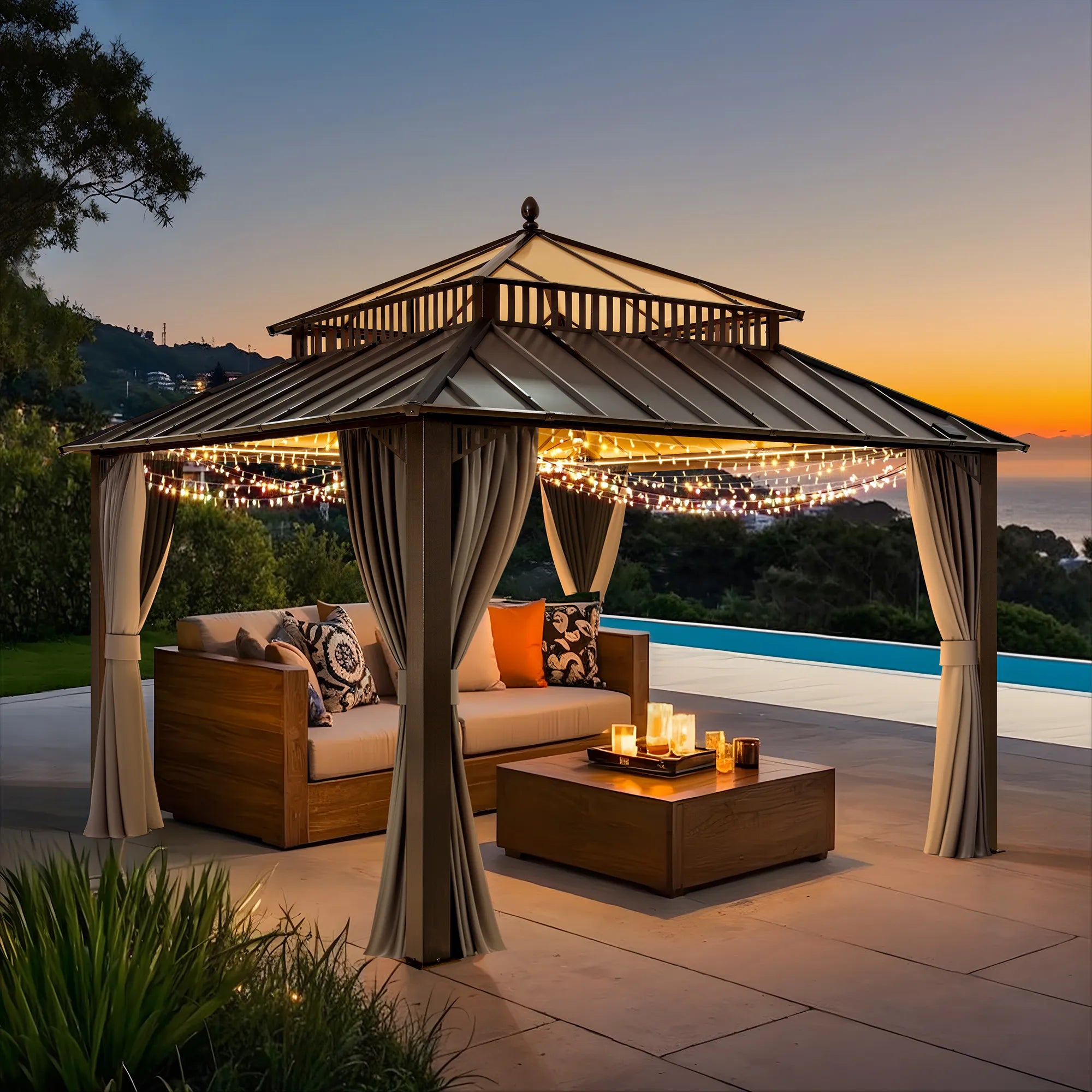 SUNJOY Kingston 12x12 Gazebo with Netting & Curtain | Steel Roof with Extra-Tall & Oversized PC Vent Top - Brown Aluminum Posts