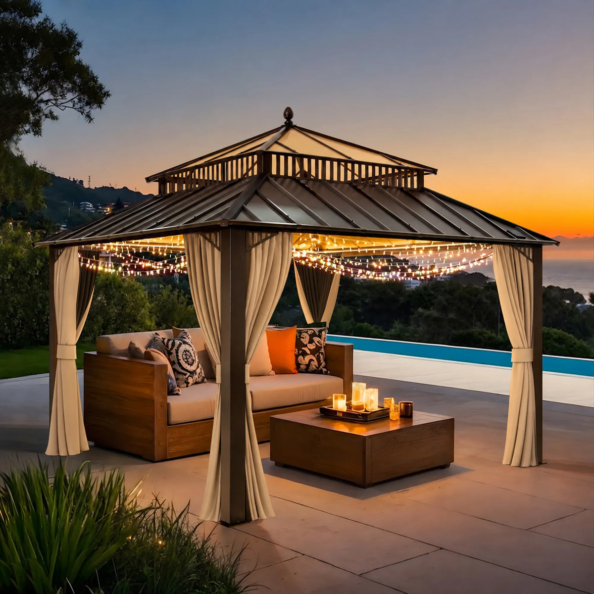 SUNJOY Kingston 12x12 Gazebo with Netting & Curtain | Steel Roof with Extra-Tall & Oversized PC Vent Top - Brown Aluminum Posts