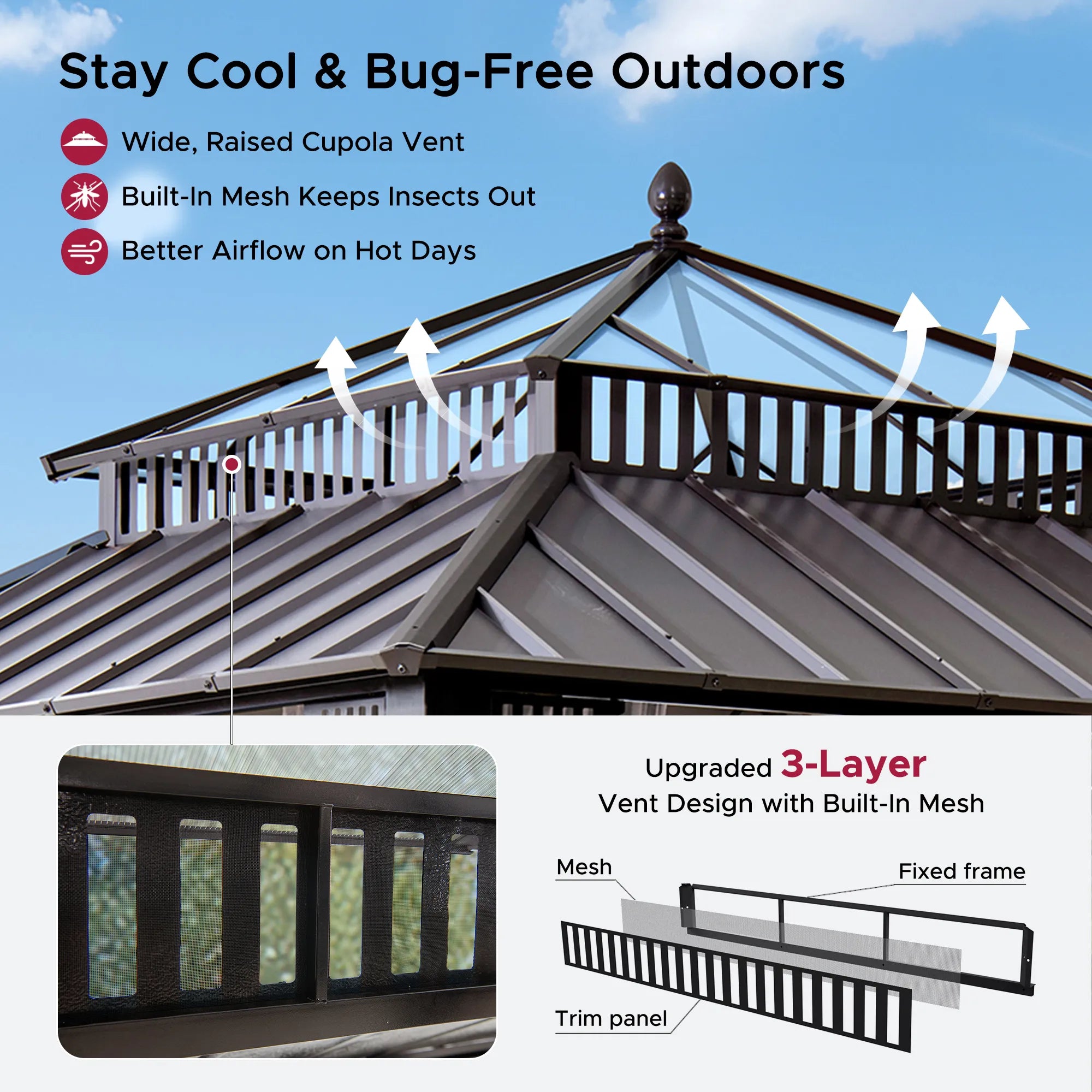 SUNJOY Kingston 12x12 Gazebo with Netting & Curtain | Steel Roof with Extra-Tall & Oversized PC Vent Top - Brown Aluminum Posts