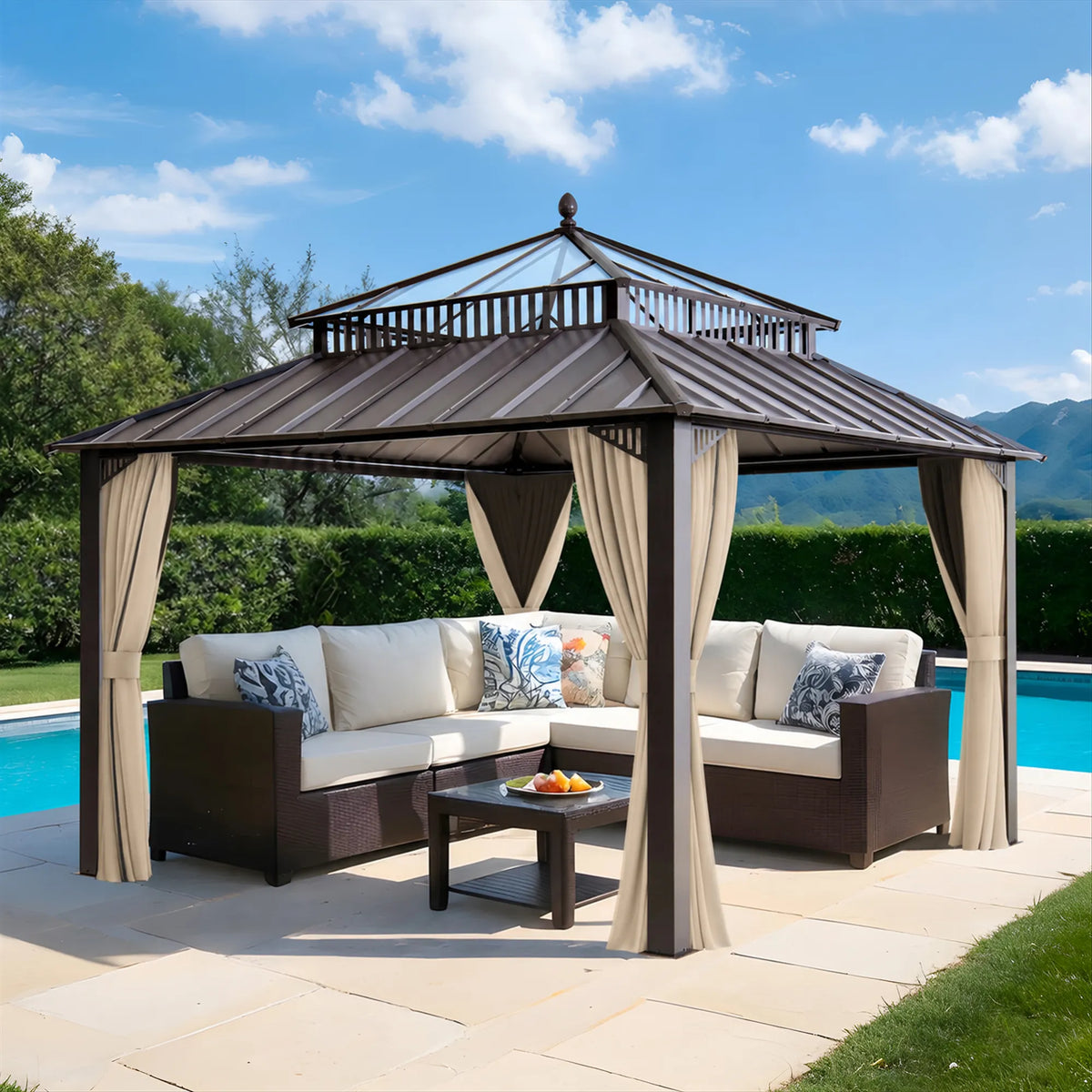 SUNJOY Kingston 12x12 Gazebo with Netting & Curtain | Steel Roof with Extra-Tall & Oversized PC Vent Top - Brown Aluminum Posts