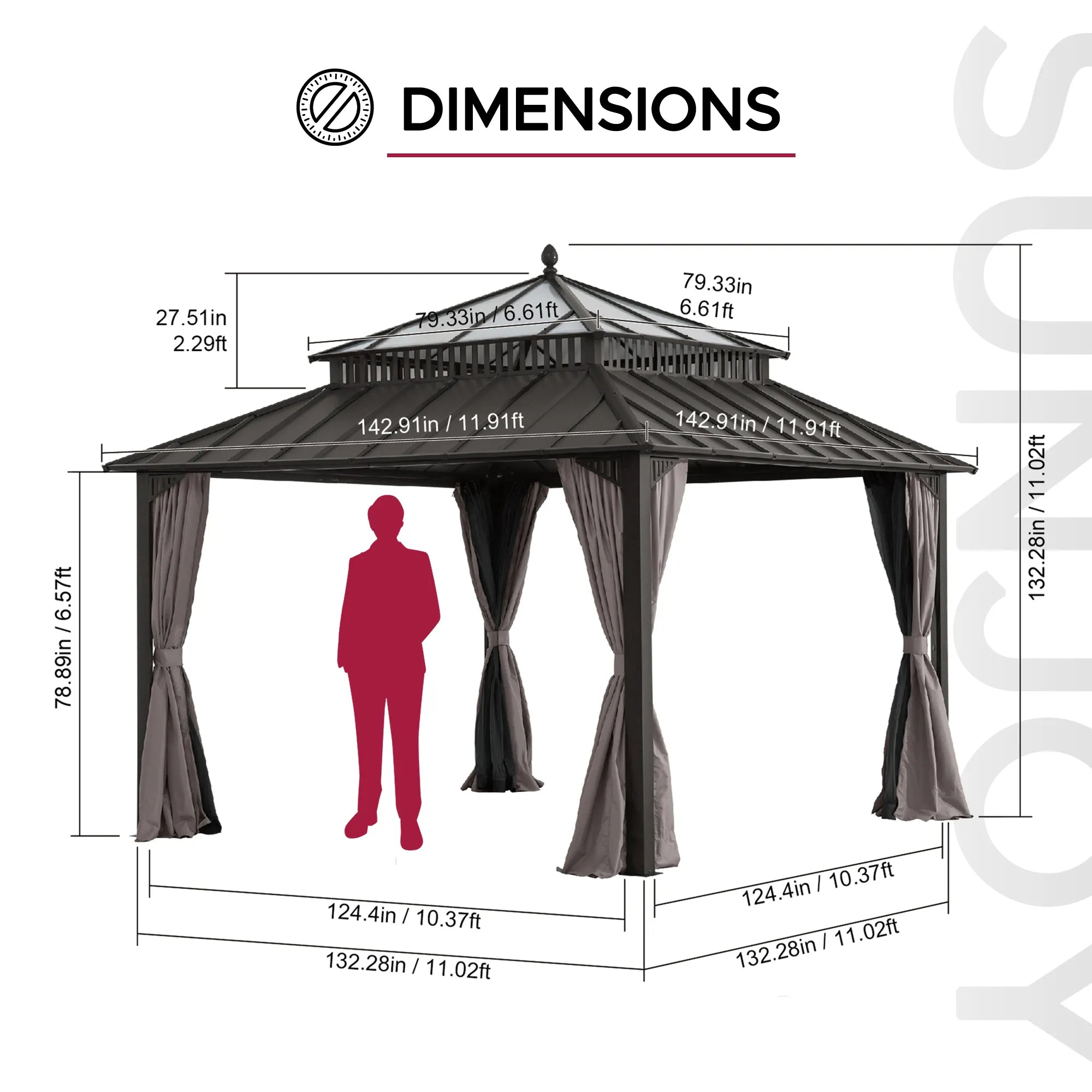 SUNJOY Kingston 12x12 Gazebo with Netting & Curtain | Steel Roof with Extra-Tall & Oversized PC Vent Top - Brown Aluminum Posts