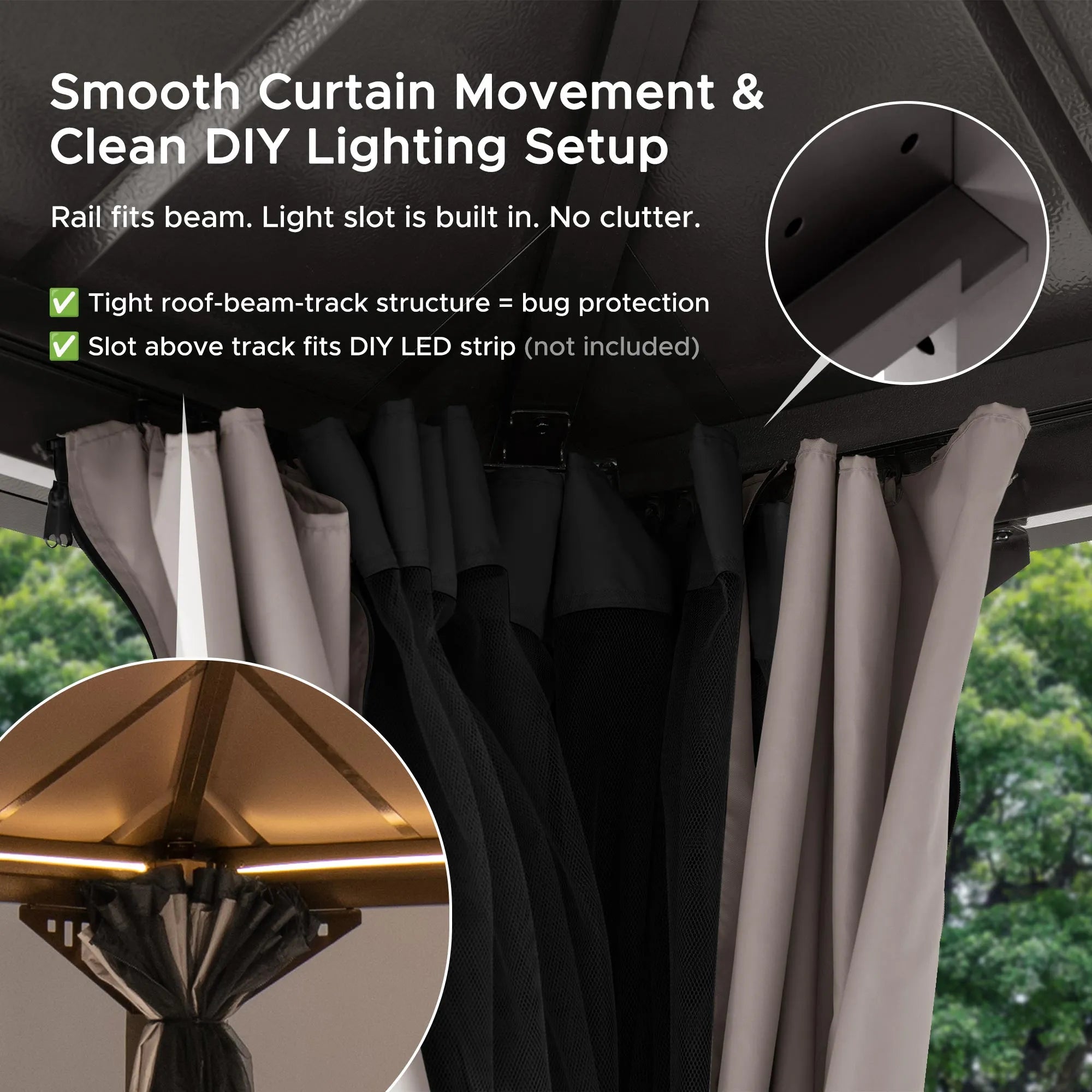 SUNJOY Kingston 12x12 Gazebo with Netting & Curtain | Steel Roof with Extra-Tall & Oversized PC Vent Top - Brown Aluminum Posts