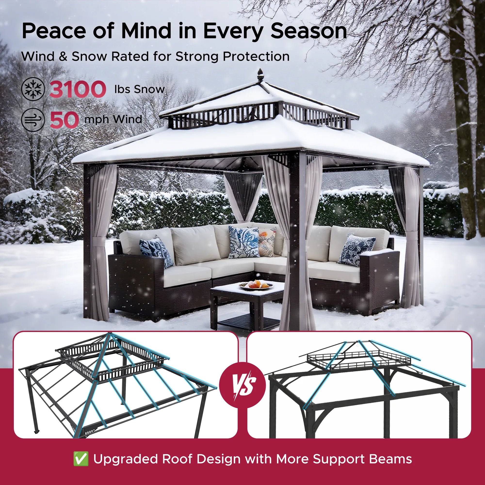 SUNJOY Kingston 12x12 Gazebo with Netting & Curtain | Steel Roof with Extra-Tall & Oversized PC Vent Top - Brown Aluminum Posts