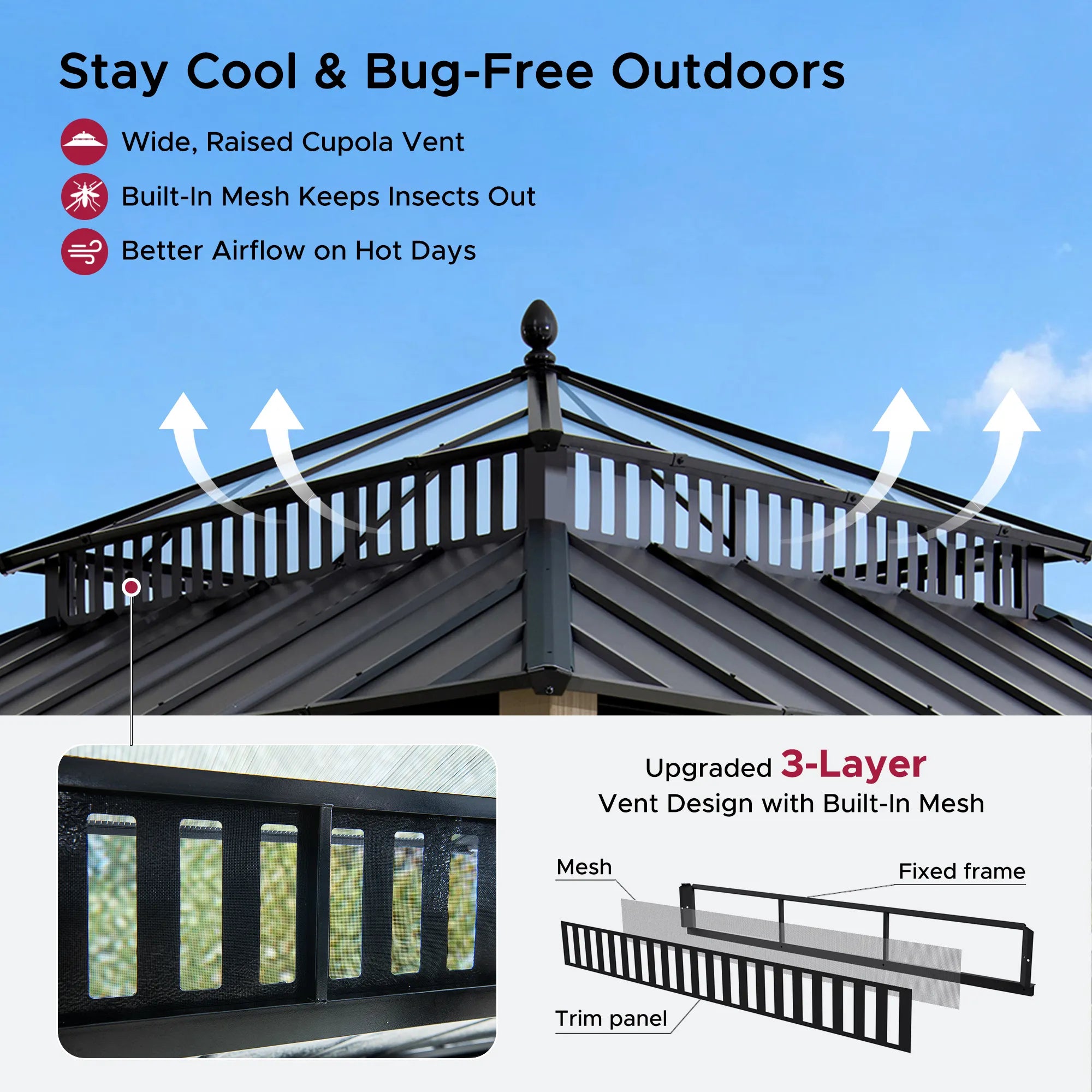 SUNJOY Kingston 12x12 Gazebo with Netting & Curtain | Steel Roof with Extra-Tall & Oversized PC Vent Top - Cedar Wood Posts