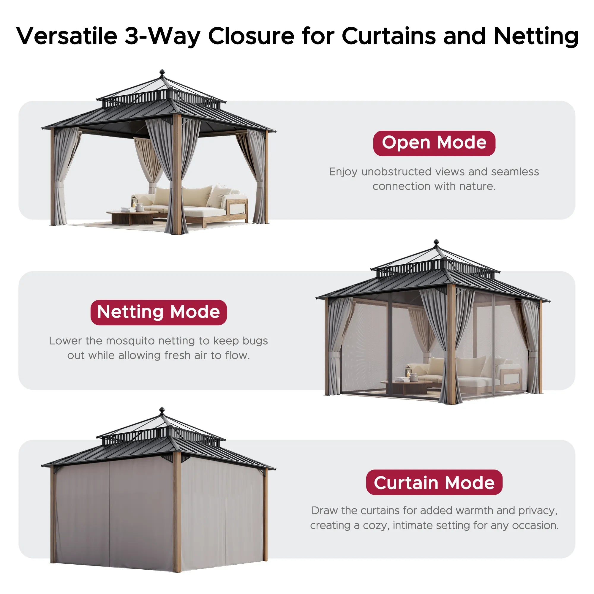 SUNJOY Kingston 12x12 Gazebo with Netting & Curtain | Steel Roof with Extra-Tall & Oversized PC Vent Top - Cedar Wood Posts