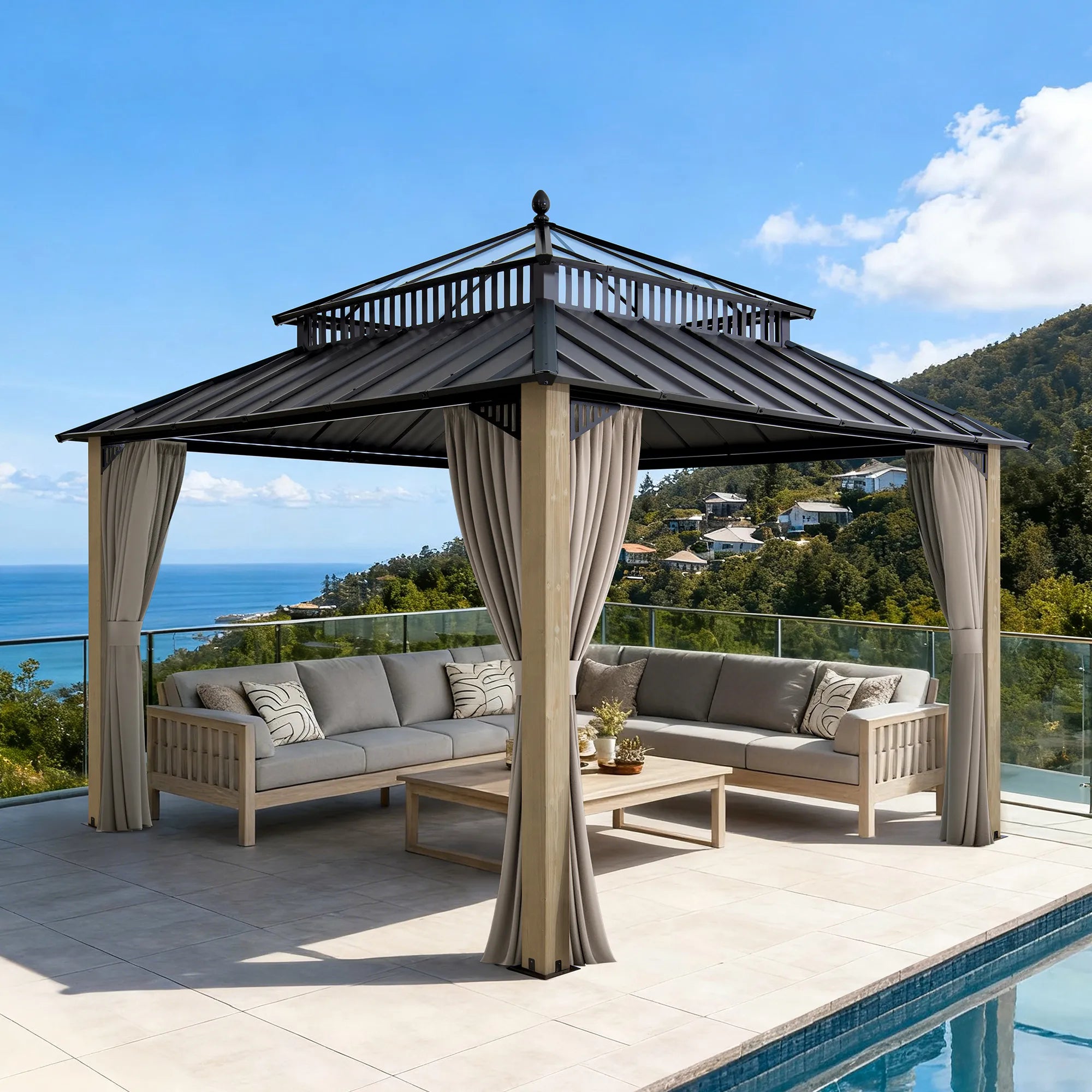 SUNJOY Kingston 12x12 Gazebo with Netting & Curtain | Steel Roof with Extra-Tall & Oversized PC Vent Top - Cedar Wood Posts