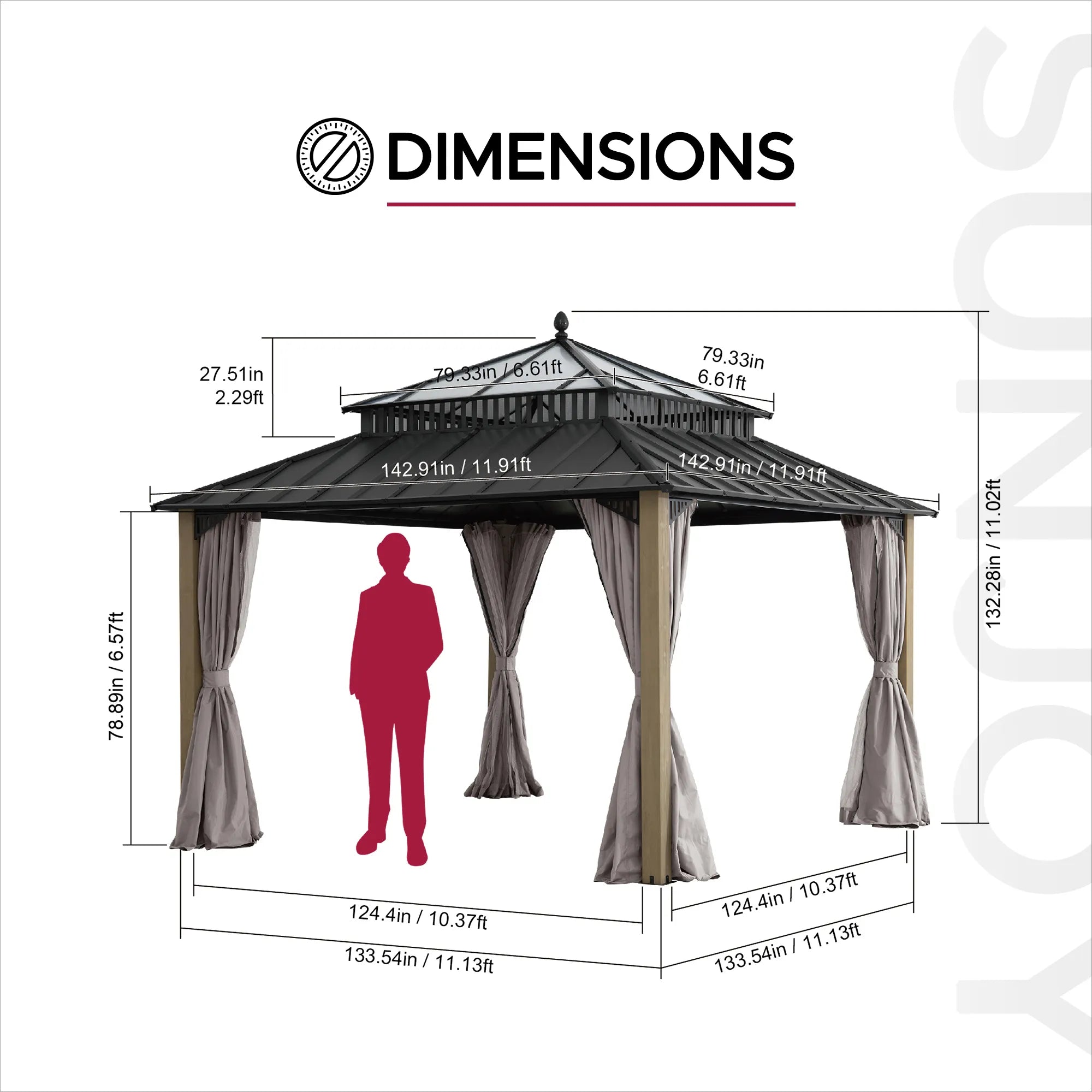 SUNJOY Kingston 12x12 Gazebo with Netting & Curtain | Steel Roof with Extra-Tall & Oversized PC Vent Top - Cedar Wood Posts