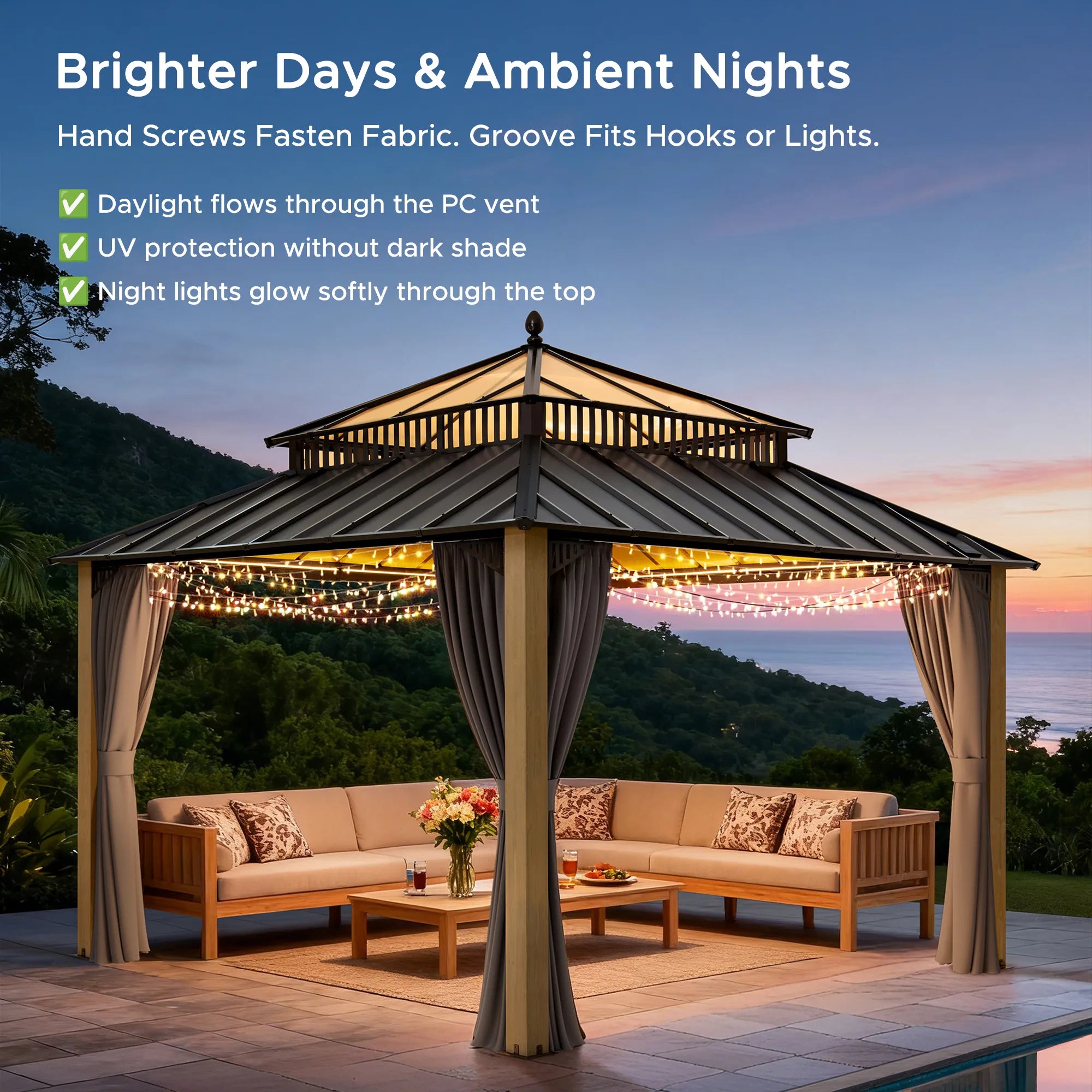 SUNJOY Kingston 12x12 Gazebo with Netting & Curtain | Steel Roof with Extra-Tall & Oversized PC Vent Top - Cedar Wood Posts