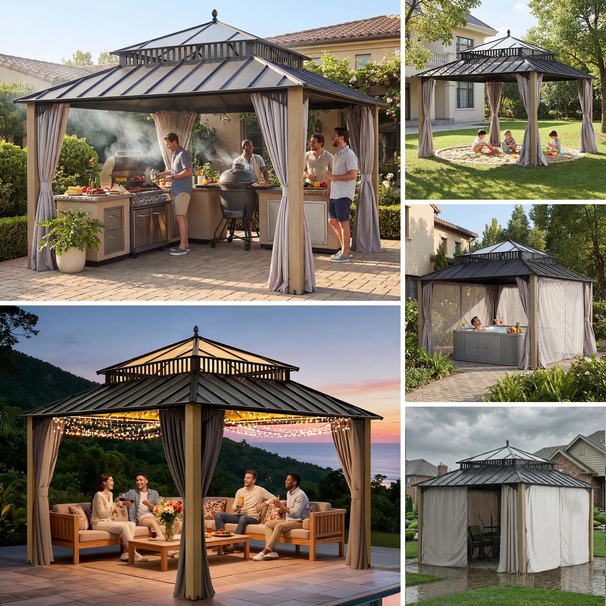 SUNJOY Kingston 12x12 Gazebo with Netting & Curtain | Steel Roof with Extra-Tall & Oversized PC Vent Top - Cedar Wood Posts