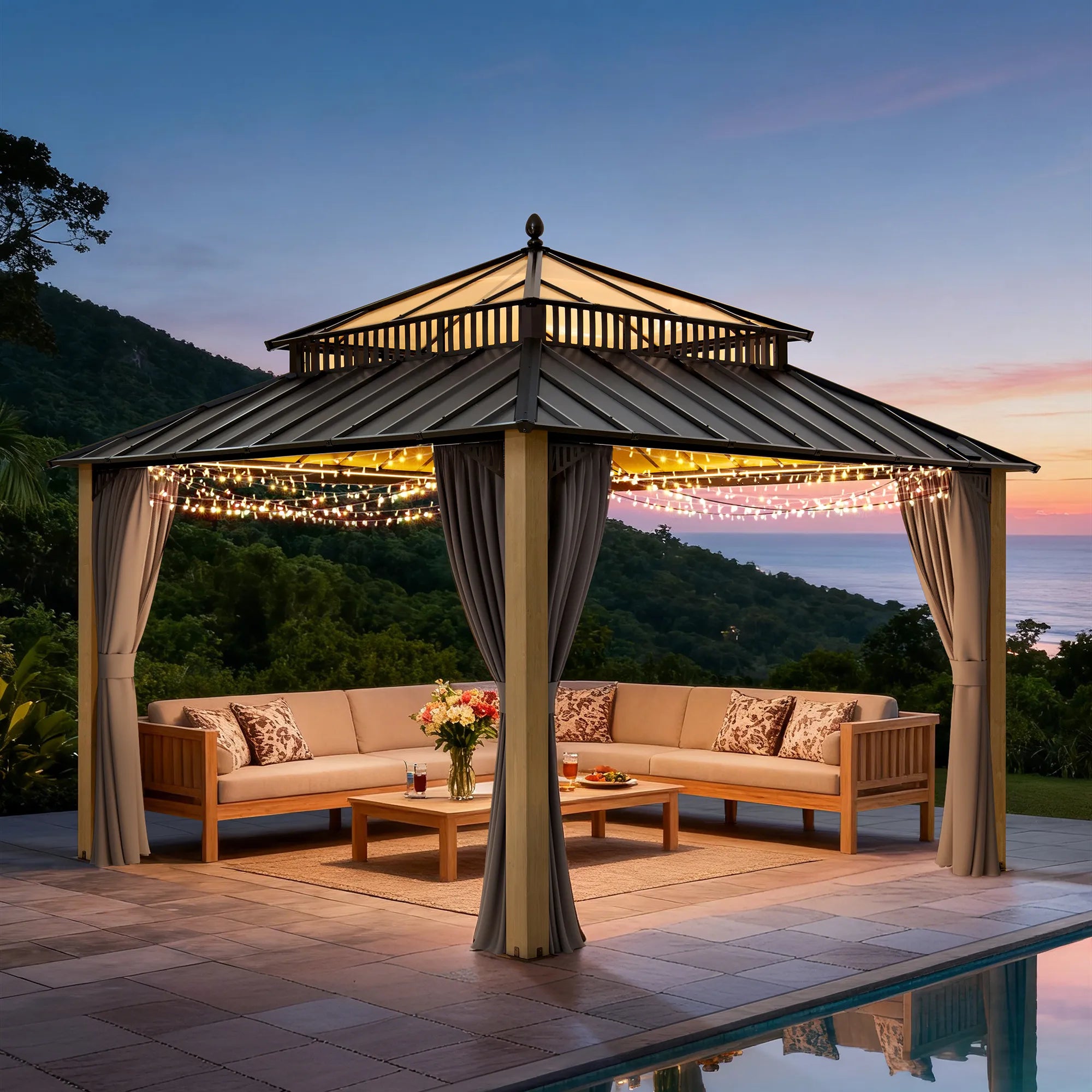 SUNJOY Kingston 12x12 Gazebo with Netting & Curtain | Steel Roof with Extra-Tall & Oversized PC Vent Top - Cedar Wood Posts