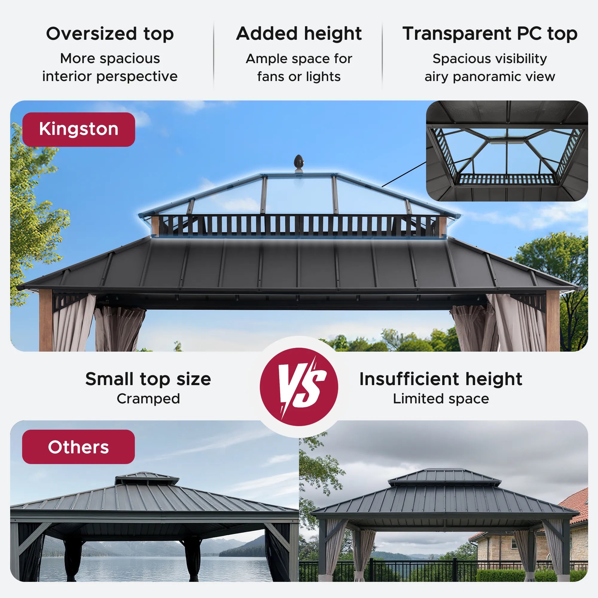 SUNJOY Kingston 12x14 Gazebo with Netting & Curtain | Steel Roof with Extra-Tall & Oversized PC Vent Top - Woodgrain Aluminum Posts
