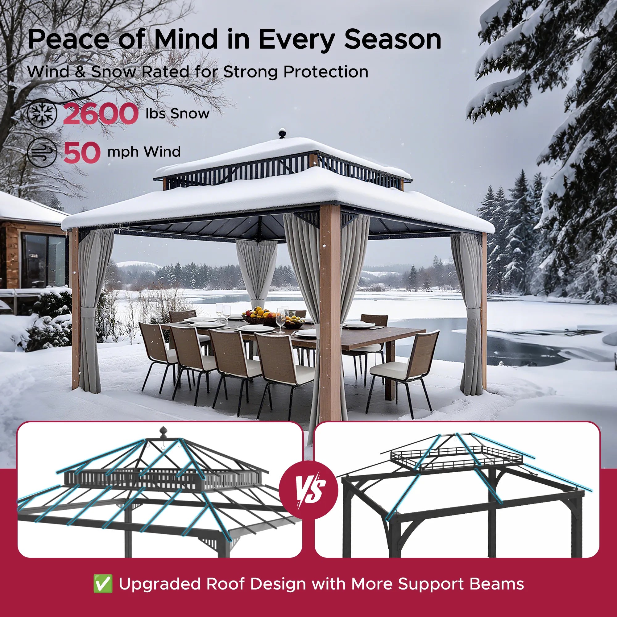 SUNJOY Kingston 12x14 Gazebo with Netting & Curtain | Steel Roof with Extra-Tall & Oversized PC Vent Top - Woodgrain Aluminum Posts