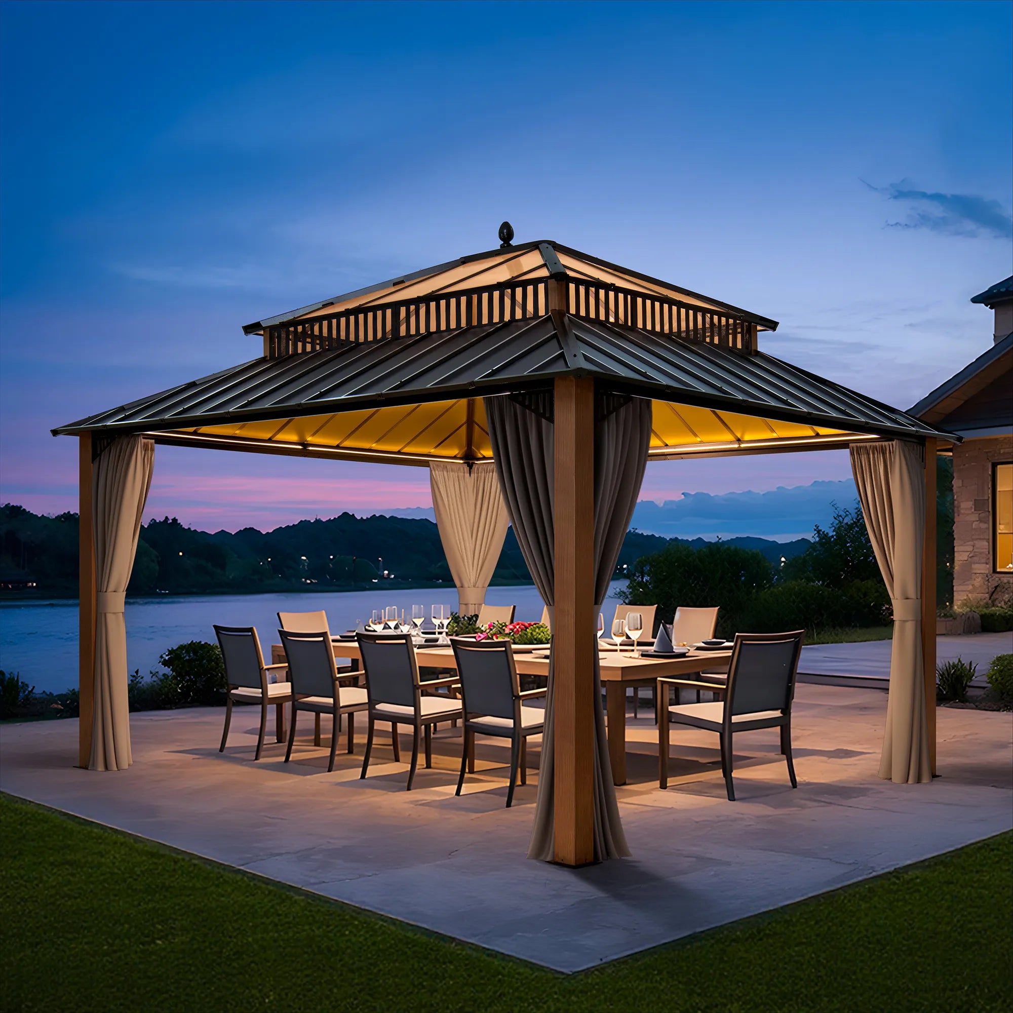 SUNJOY Kingston 12x14 Gazebo with Netting & Curtain | Steel Roof with Extra-Tall & Oversized PC Vent Top - Woodgrain Aluminum Posts