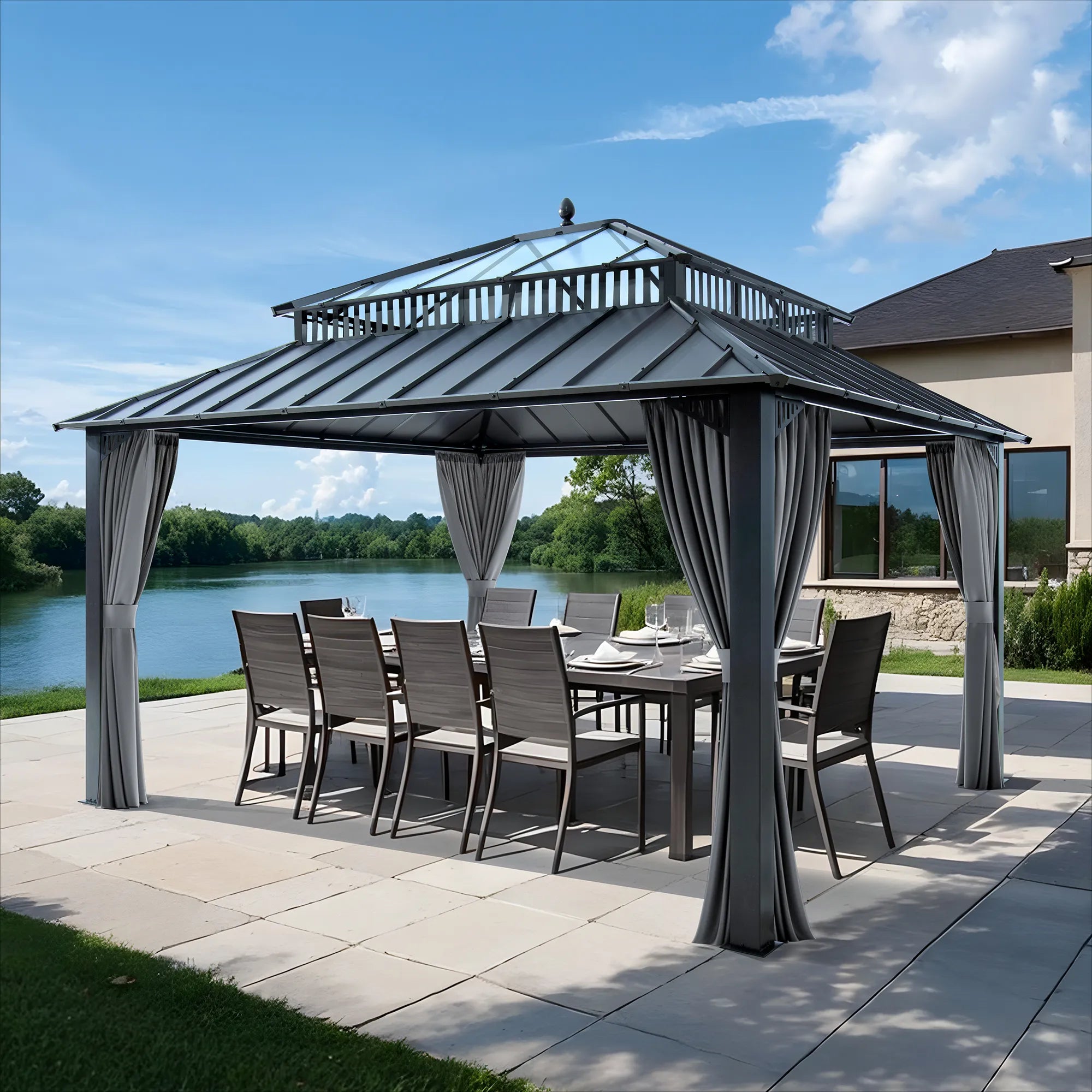 SUNJOY Kingston 12x14 Gazebo with Netting & Curtain | Steel Roof with Extra-Tall & Oversized PC Vent Top - Gray Aluminum Posts
