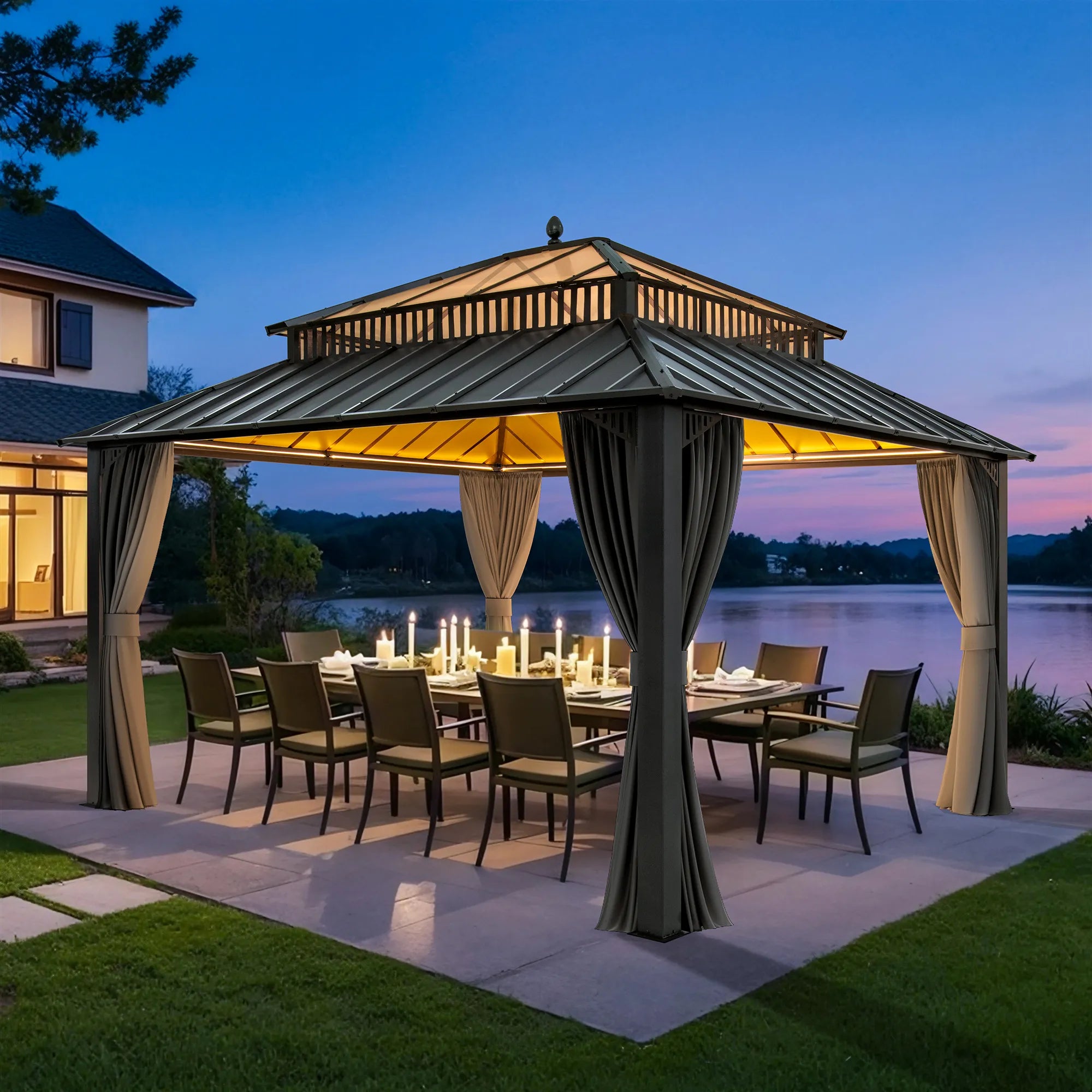 SUNJOY Kingston 12x14 Gazebo with Netting & Curtain | Steel Roof with Extra-Tall & Oversized PC Vent Top - Gray Aluminum Posts