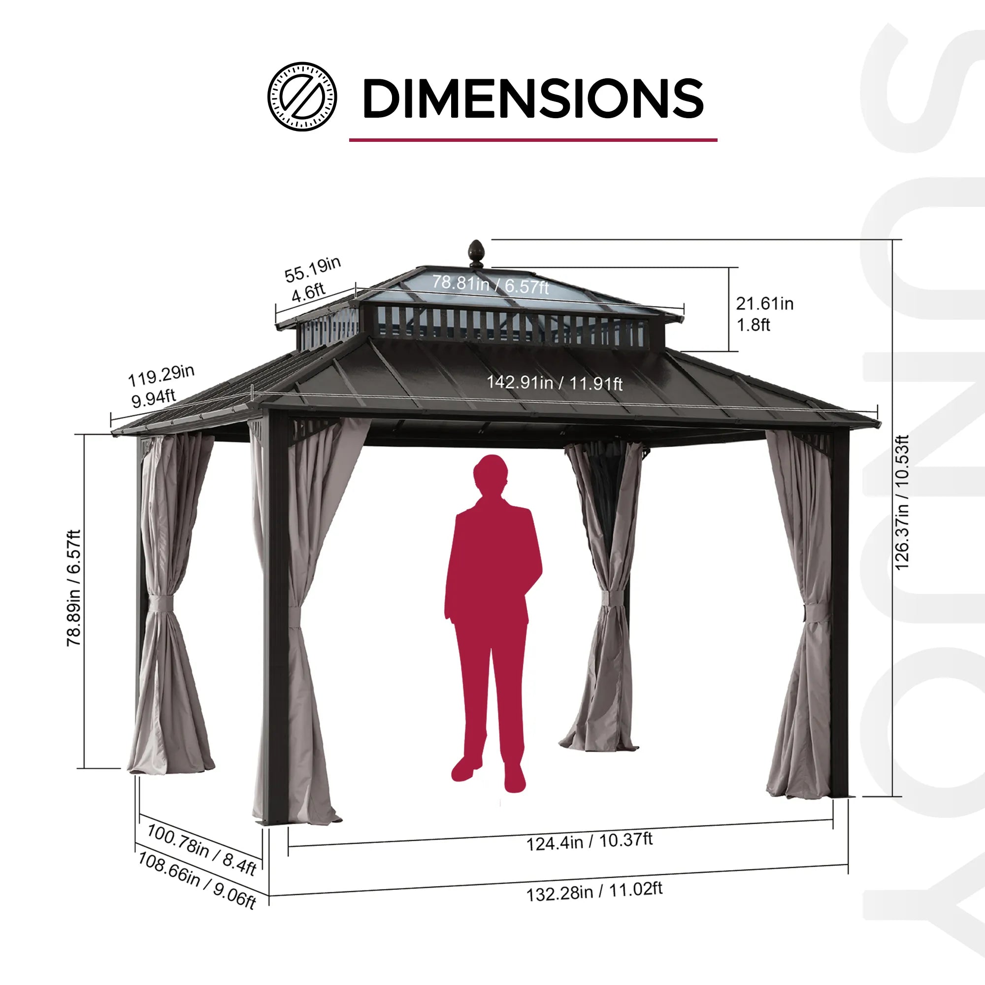 SUNJOY Kingston 12x14 Gazebo with Netting & Curtain | Steel Roof with Extra-Tall & Oversized PC Vent Top - Brown Aluminum Posts