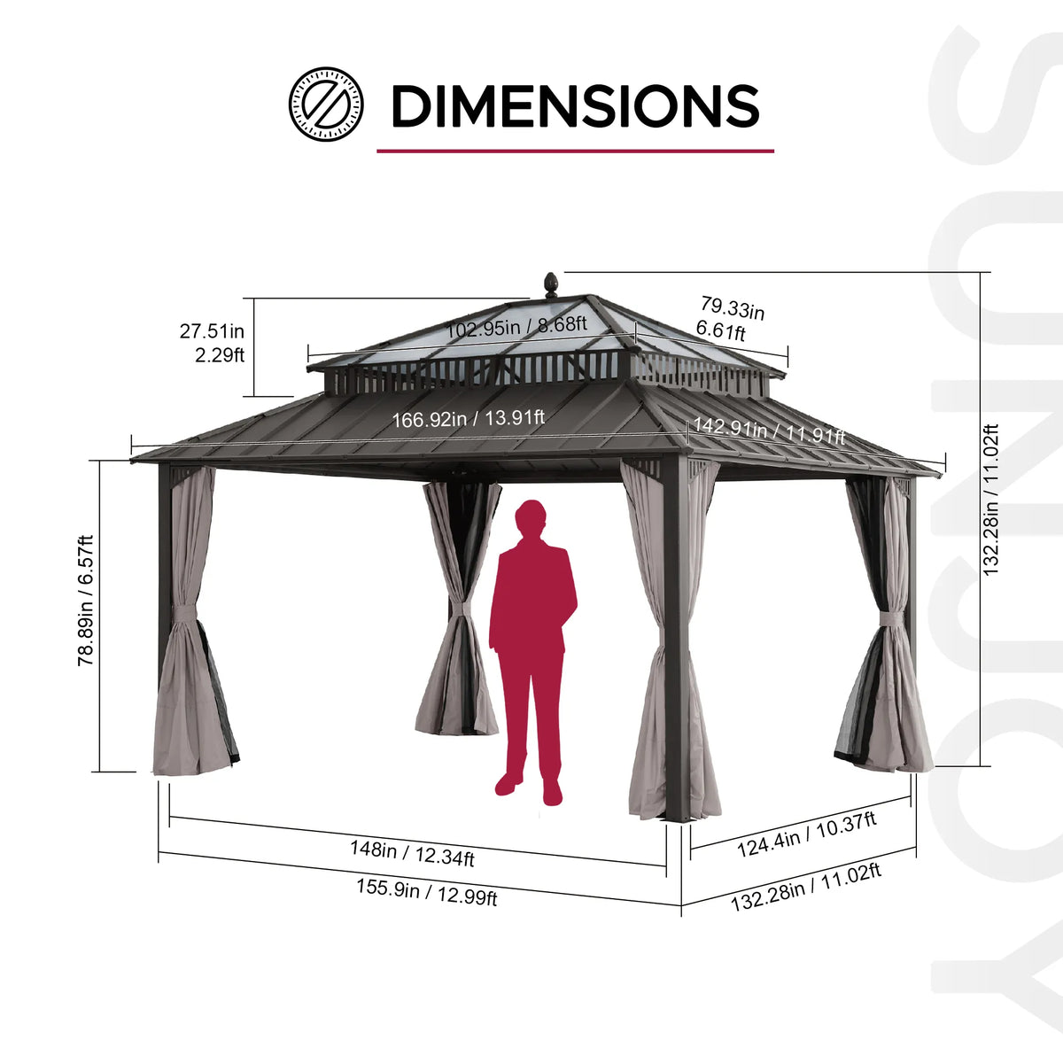 Gazebo dimensions diagram with a person silhouette for scale on a white background