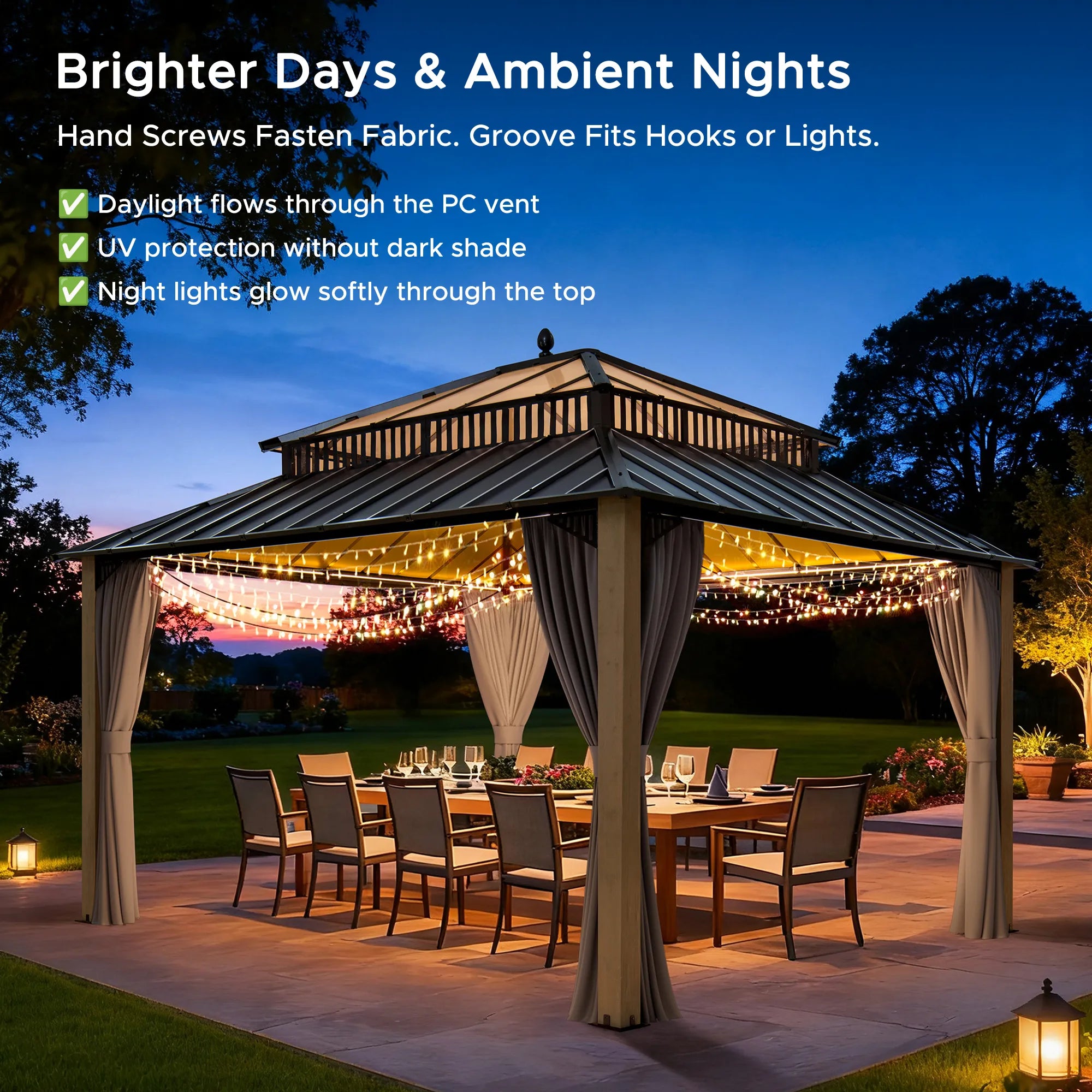 SUNJOY Kingston 12x14 Gazebo with Netting & Curtain | Steel Roof with Extra-Tall & Oversized PC Vent Top - Cedar Wood Posts