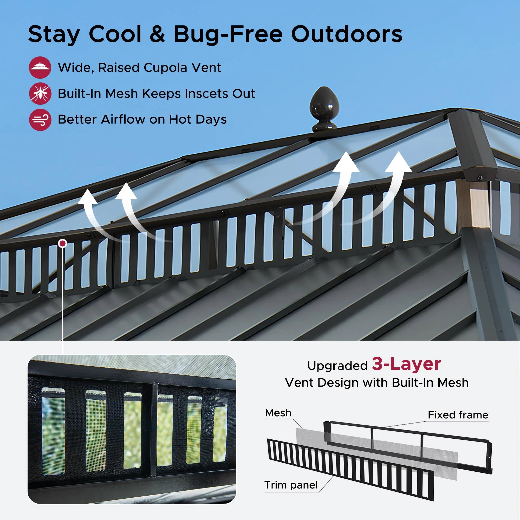 SUNJOY Kingston 12x16 Gazebo with Netting & Curtain | Steel & PC Roof - Woodgrain Aluminum Posts