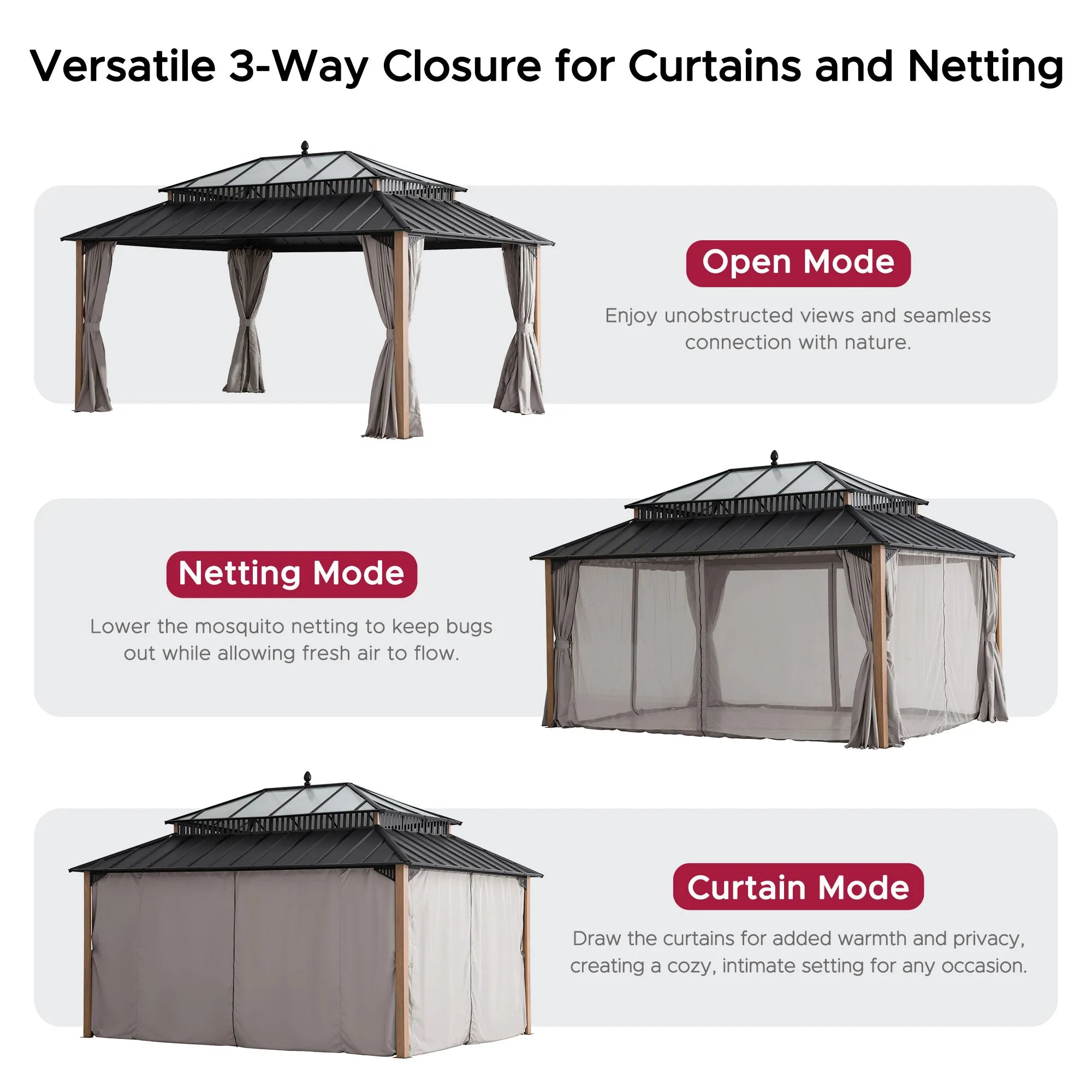 SUNJOY Kingston 12x16 Gazebo with Netting & Curtain | Steel & PC Roof - Woodgrain Aluminum Posts