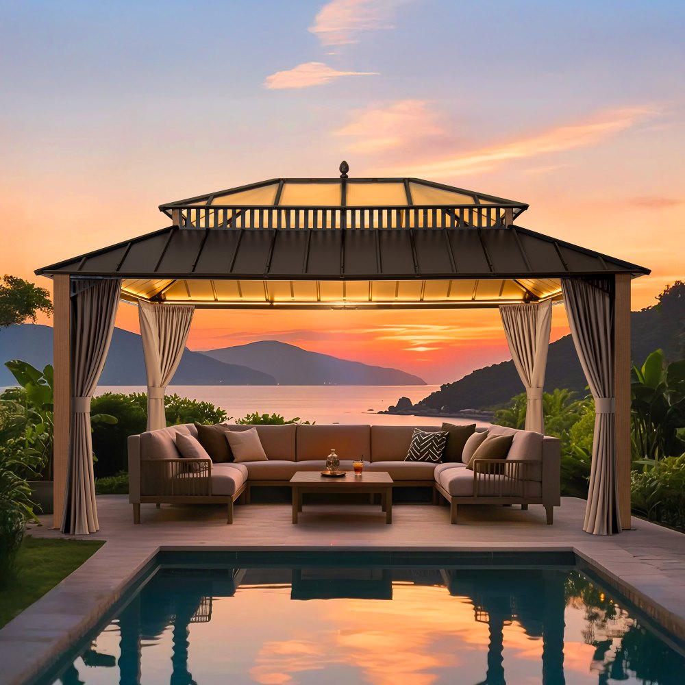 SUNJOY Kingston 12x16 Gazebo with Netting & Curtain | Steel & PC Roof - Woodgrain Aluminum Posts