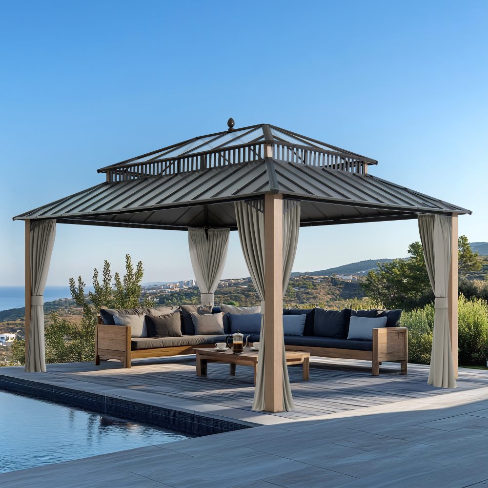 SUNJOY Kingston 12x16 Gazebo with Netting & Curtain | Steel & PC Roof - Woodgrain Aluminum Posts