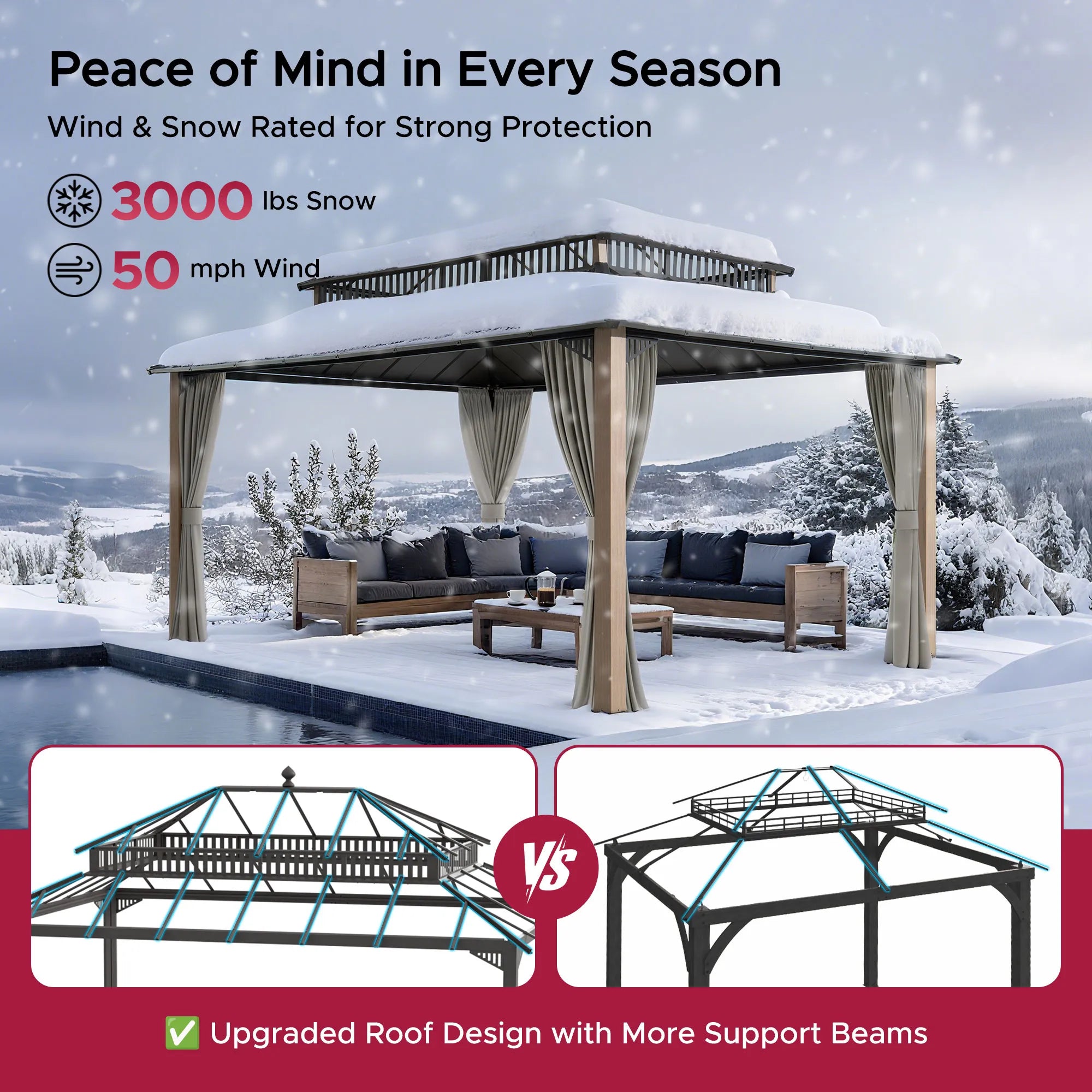 SUNJOY Kingston 12x16 Gazebo with Netting & Curtain | Steel & PC Roof - Woodgrain Aluminum Posts