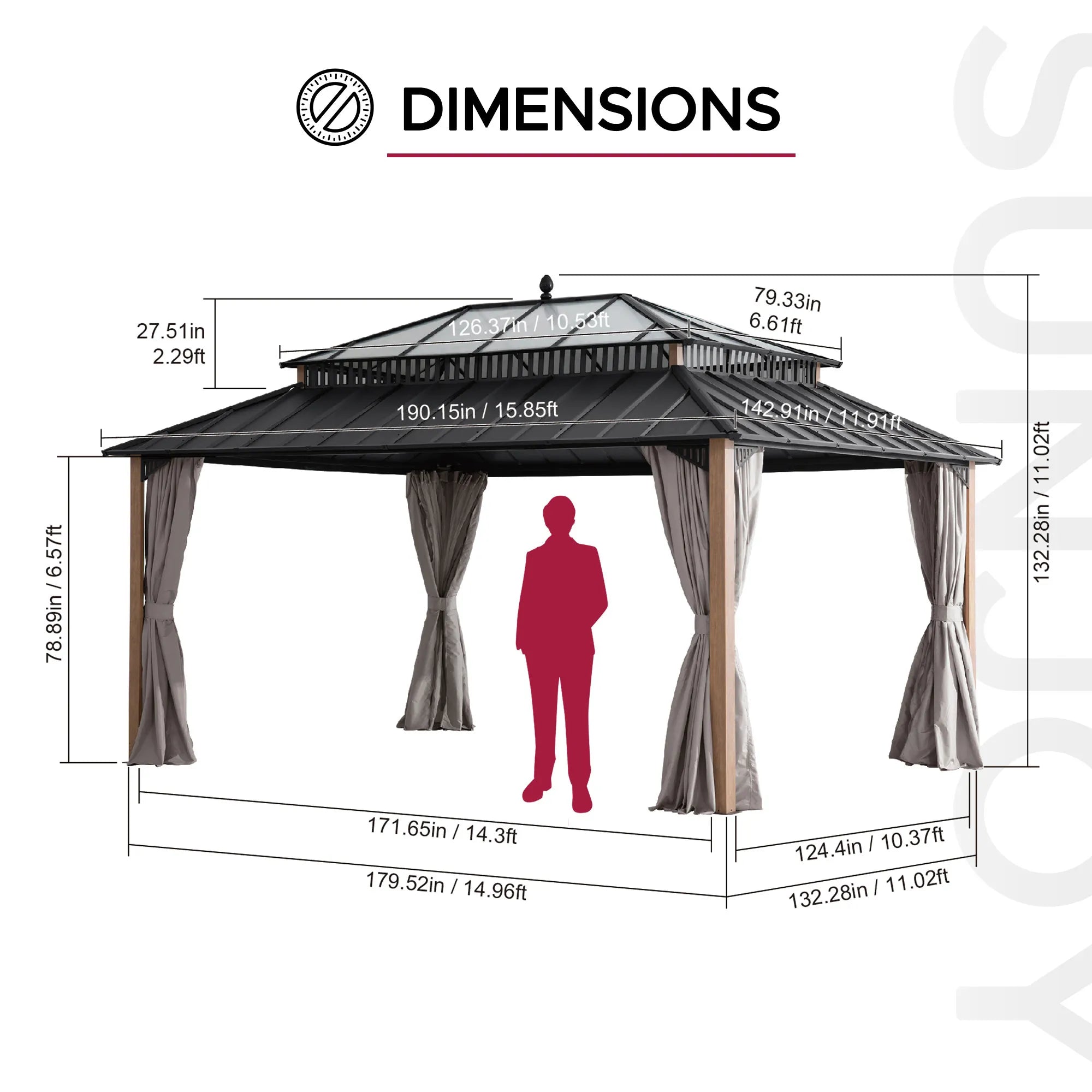 SUNJOY Kingston 12x16 Gazebo with Netting & Curtain | Steel & PC Roof - Woodgrain Aluminum Posts