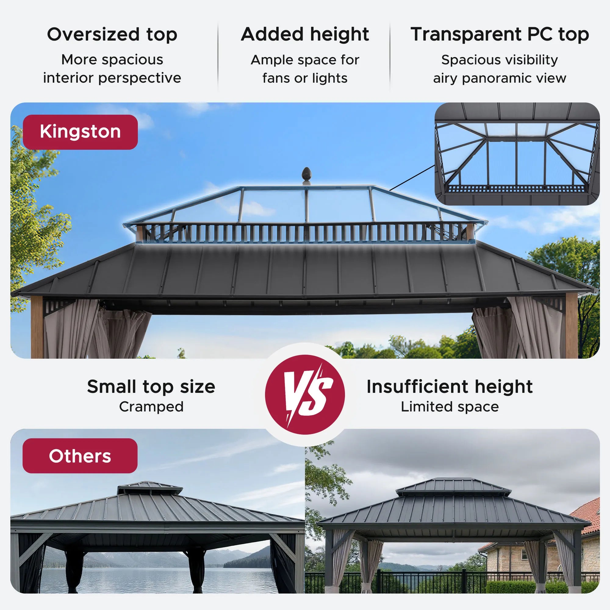 SUNJOY Kingston 12x16 Gazebo with Netting & Curtain | Steel & PC Roof - Woodgrain Aluminum Posts