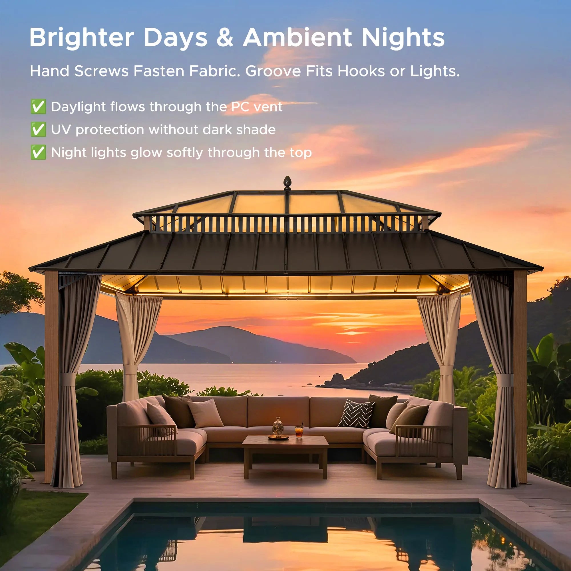 SUNJOY Kingston 12x16 Gazebo with Netting & Curtain | Steel & PC Roof - Woodgrain Aluminum Posts